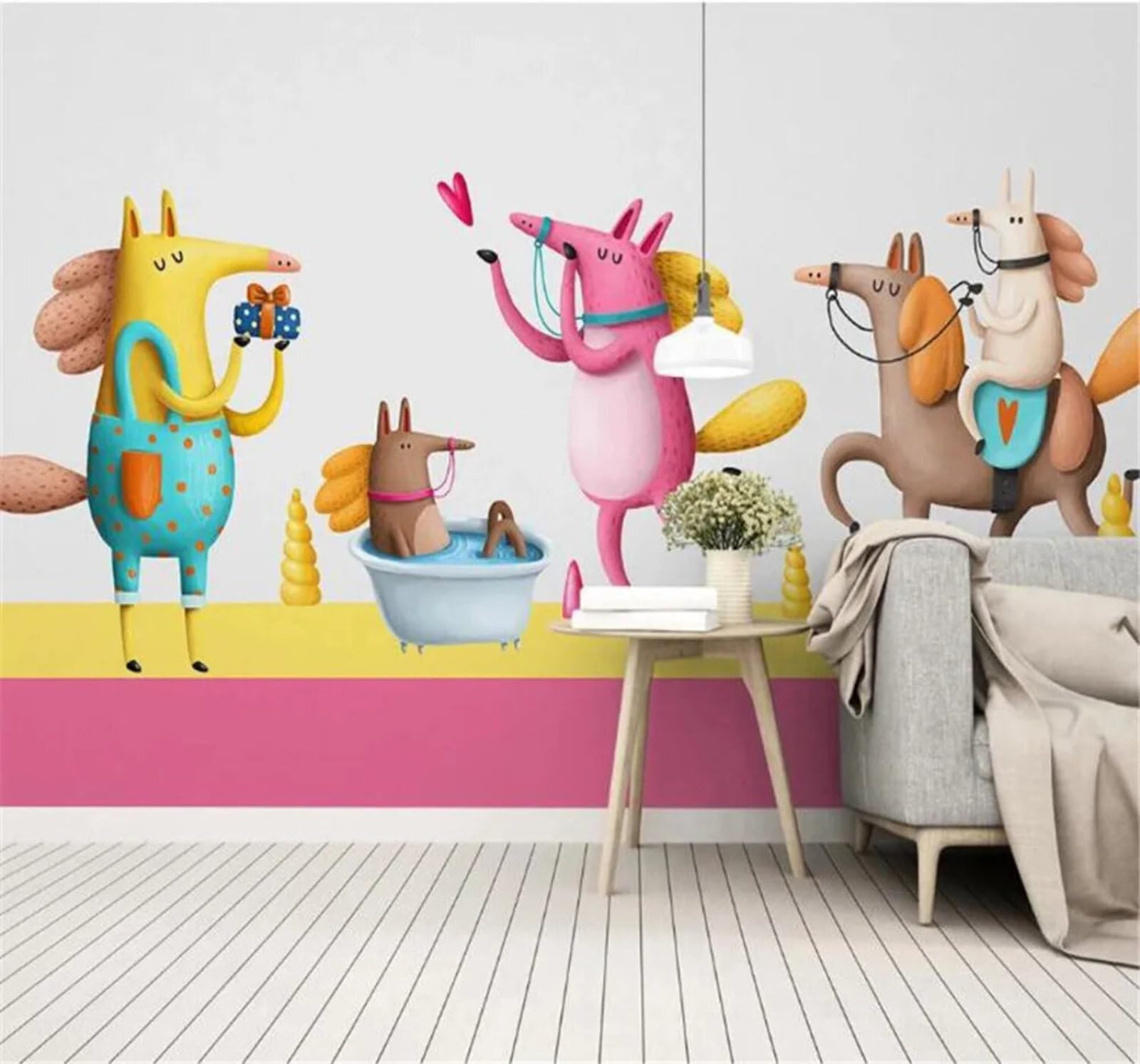 Tzxztt Minimalist Hand Drawn Cartoon Cute Animals Modern 3D Wallpaper Premium Textured Silk Neutral Tones Material Ideal for Living Room Bedroom-250cm×170cm