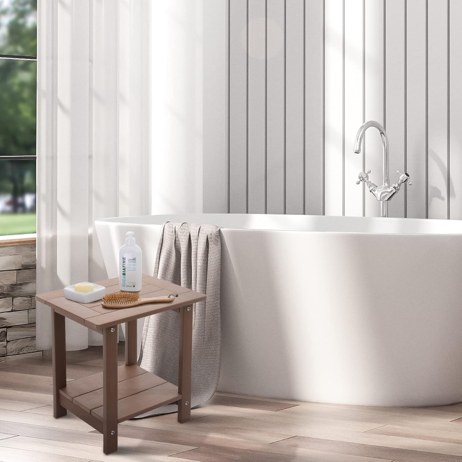 Outdoor Side Table, Weather Resistant Double Small Adirondack Side Table, Outdoor/Indoor End Table for Adirondack Chair, 17" Patio Table for Pool, Deck and Porch, Teak