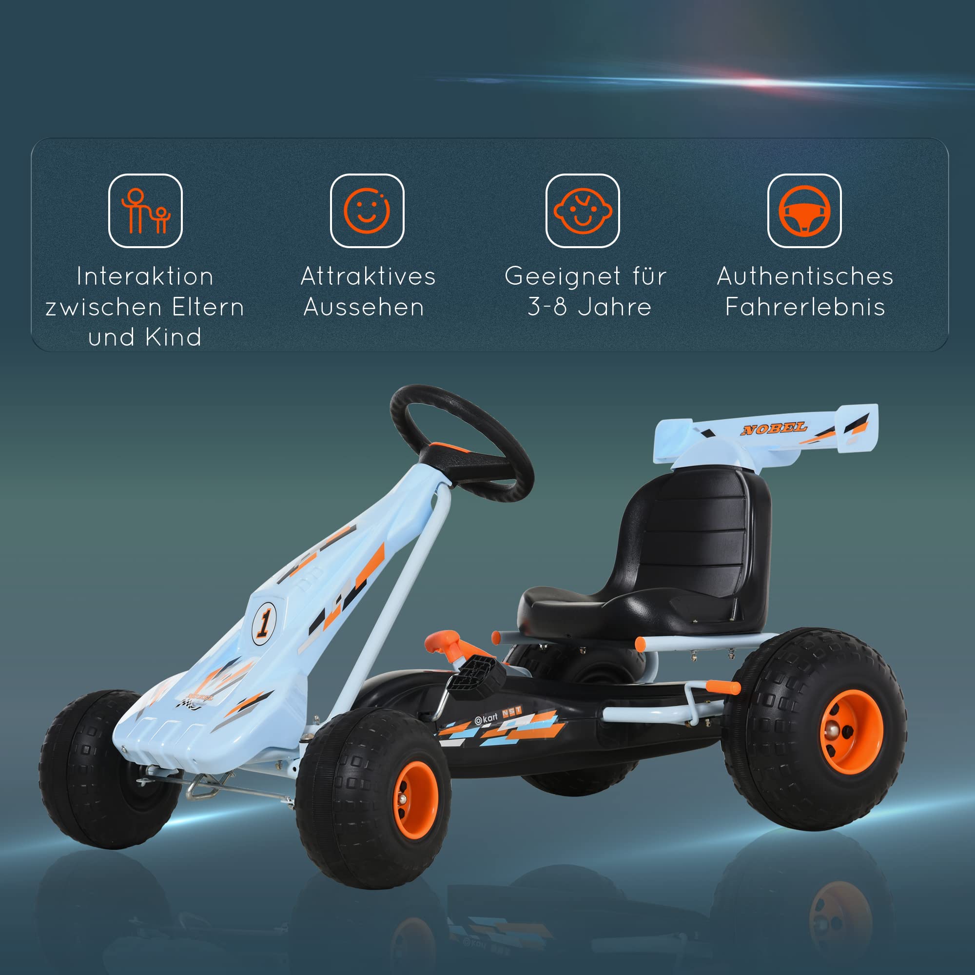 HOMCOM Gokart Tretauto mit Handbremse für Kinder ab 3 Jahren Hellblau | Verstellbarem Sitz, Pedal, Vor- und Rückwärtsgang, Kettcar, Tretfahrzeug, Kinderfahrzeug, Kinderspielzeug, Pedal-Gokart