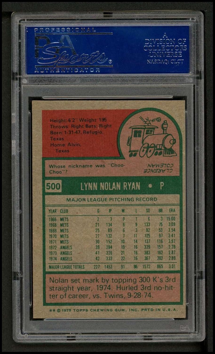 1975 Topps #500 Nolan Ryan Los Angeles Angels (Baseball Card) PSA PSA 5.00 Angels