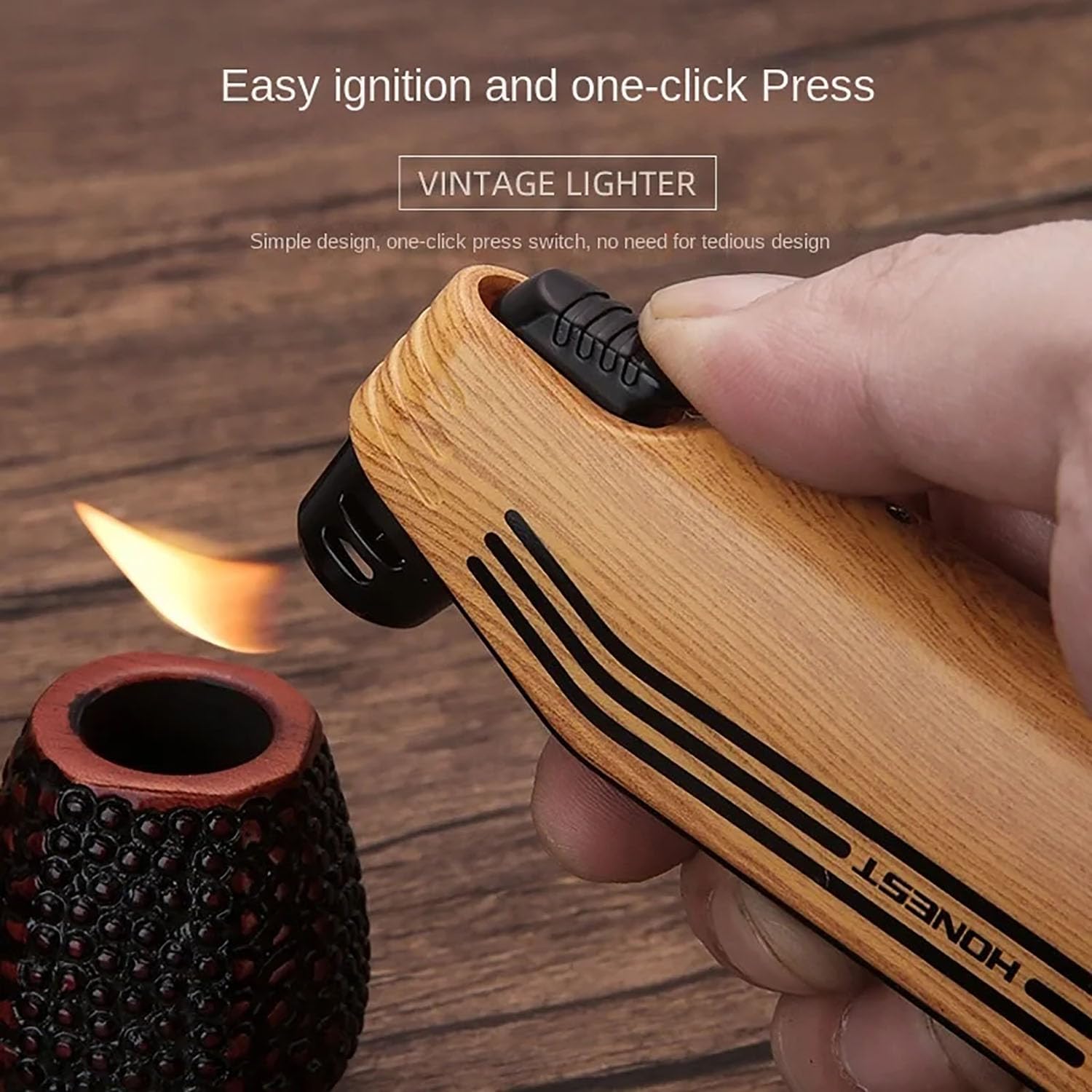 Encendedor de Pipa de Llama Suave con 3 Herramientas de Limpieza de Pipa Butano Recargable Estilo Antiguo Vintage para Chimenea, Vela, Camping, Barbacoa (sin Gas)