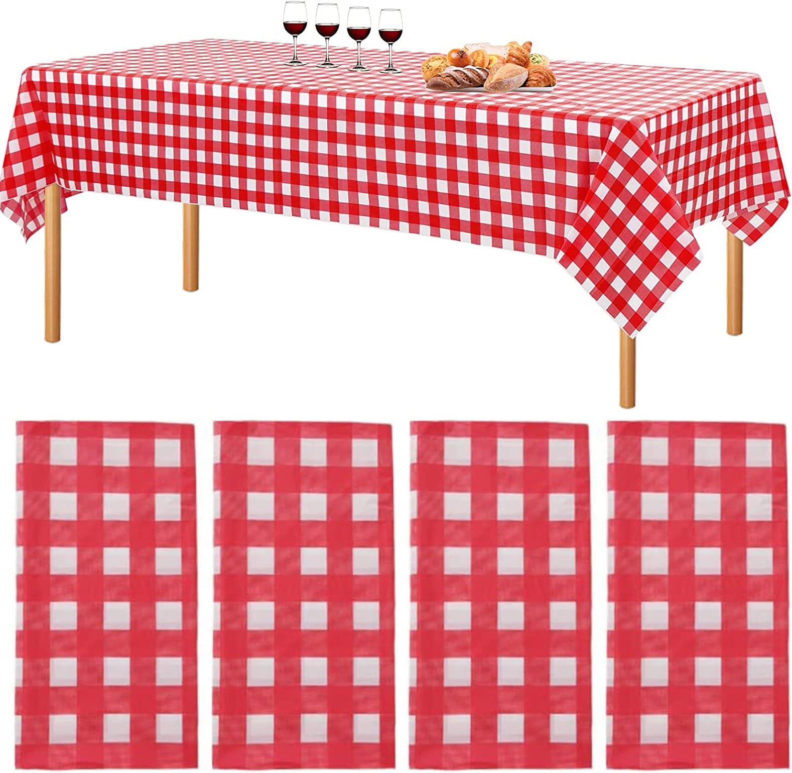 4 Packs Rectangle Table Cover Table Cloth for 6 to 8 Ft Tables for Parties Birthdays Weddings BBQ Picnics Decoration, Waterproof Oilcloth with Red and White Checkered