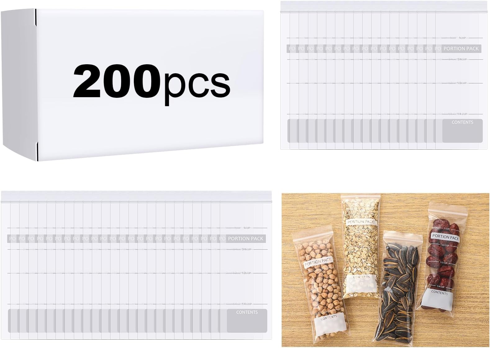 Fuyoooo 200 Count 2.4 x 5.9 Inch Portion Control Storage Bags Plastic Clear Reclosable Zip Poly Bags with Lock Seal Zipper 1 Full Cup Measurement Lines Easy Macros for Nuts Sweets Supplements