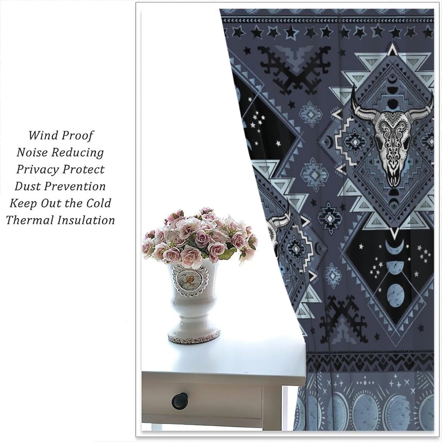 Aztec Cow Skull Blackout Window Curtains, Western Vintage Traditional Geometric Textured Boho Print Rod Pocket Window Drapes, for Living Room Bedroom 21(W)*63(L) 2 Panels