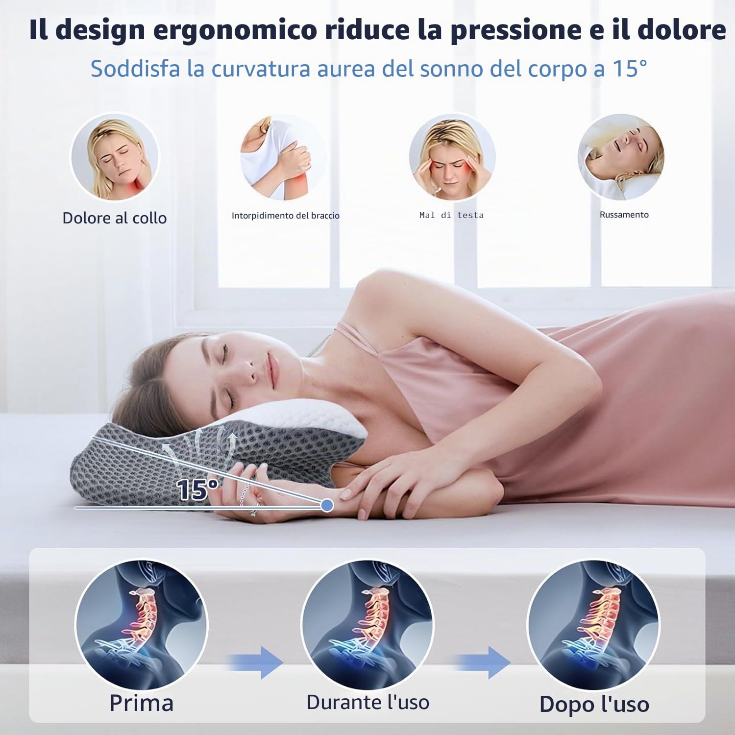 Cuscino in memory foam,Cuscino cervicale ergonomico, Cuscino Ergonomico Ortopedico per il Supporto del Collo per Chi Dorme sul Fianco, Sulla Schiena e Sullo Stomaco(62x41x10/8cm) (Stile 2)
