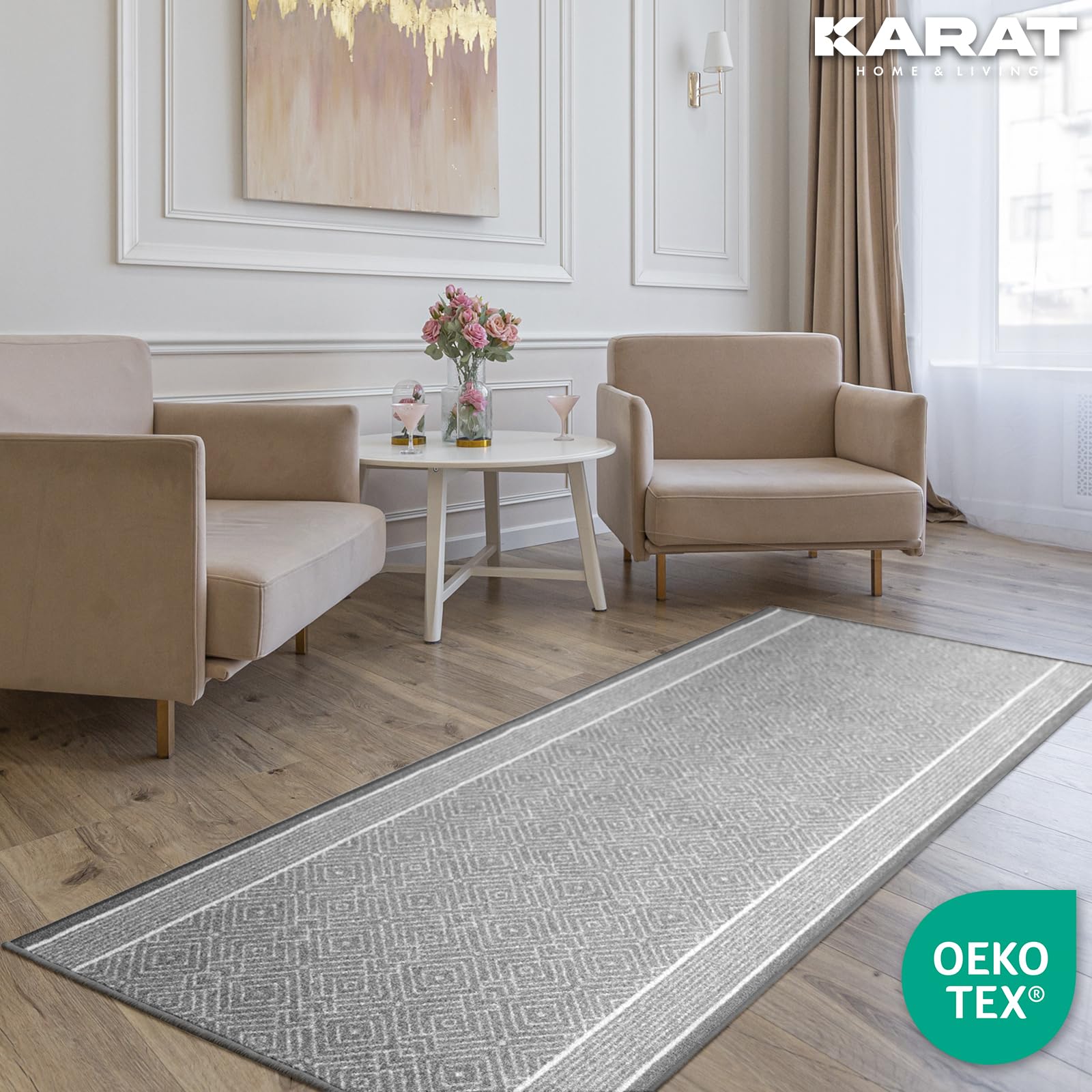 Tapis de couloir Olymp - Argenté, moderne à losanges - 80 x 400 cm - Pour cuisine, couloir et salon