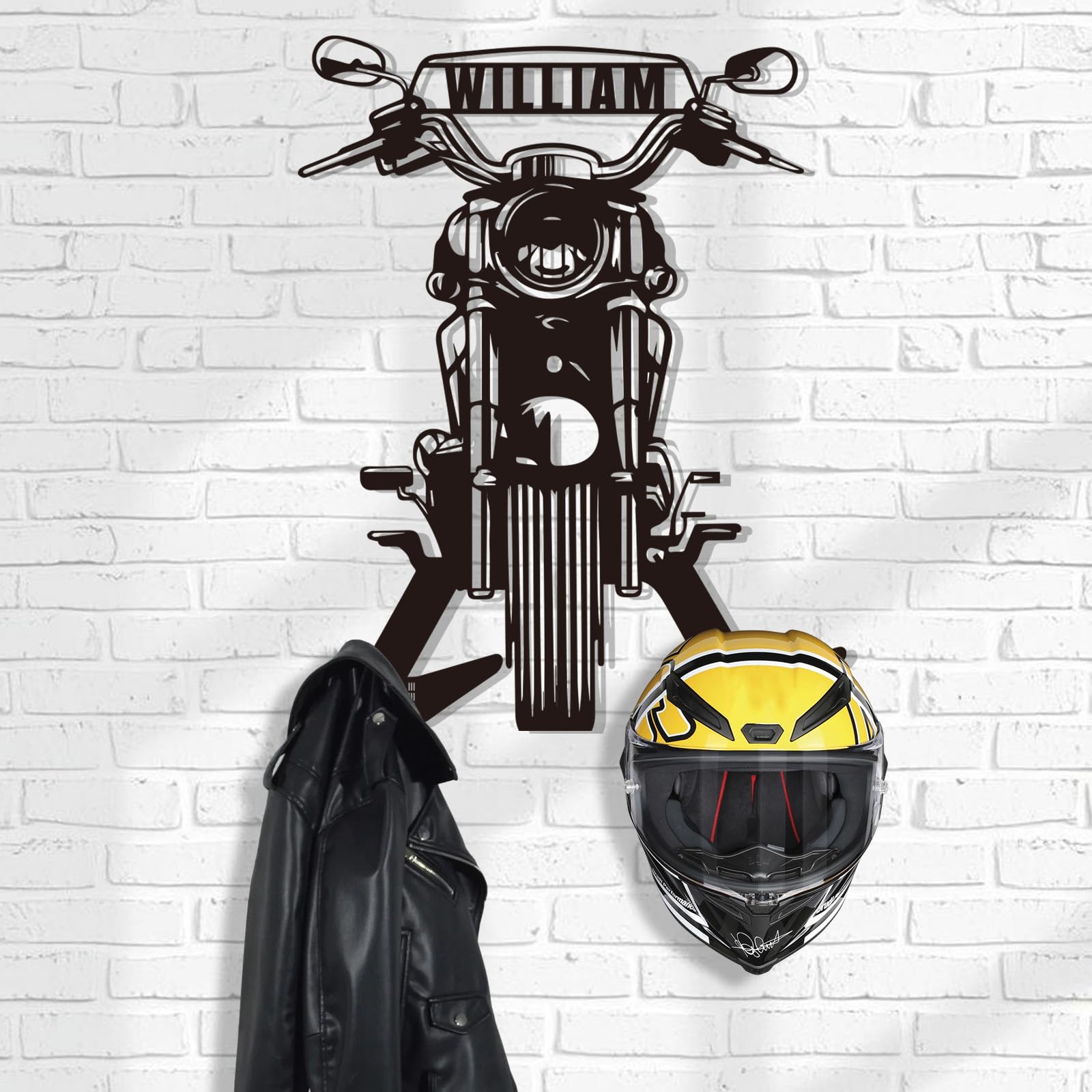 Dyoart Personalized Metal Motorcycle Helmet Holder, Custom Name Helmet Holder Wall Mount, Motorcycle Wall Art Decor with Hook, Motorcycle Helmet Rack for Helmet Clothes Jacket Coat