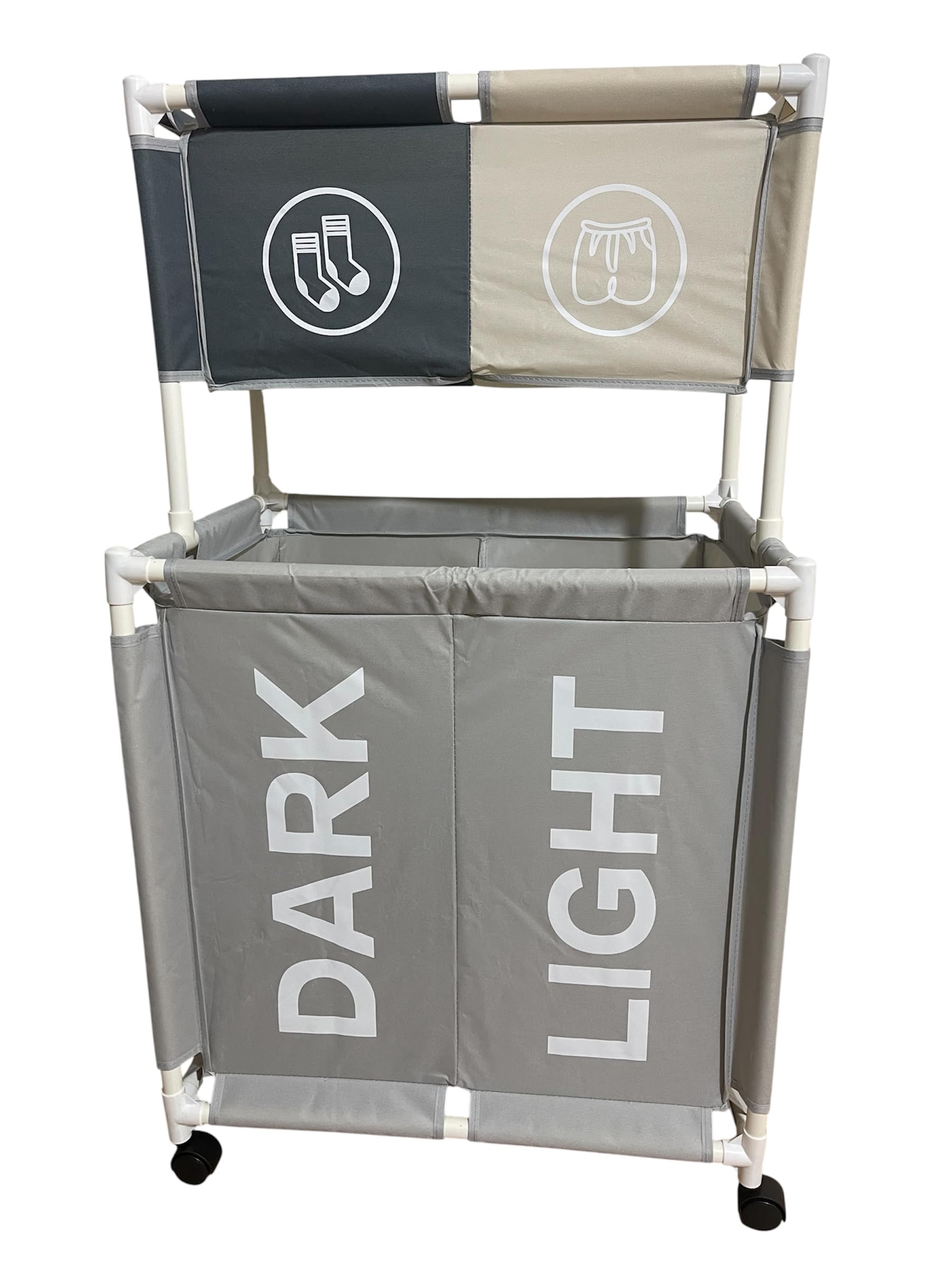 150L Large 2 Tier & 4 Section Laundry Basket with Wheels, Rolling Hamper Sorter for Dark and Light Clothes, Socks and Underwear Organizer, Grey and Beige