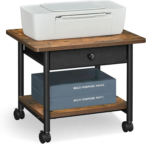 VASAGLE Heavy-Duty Printer Stand with Locking Wheels, 2-Tier with Drawer Industrial Mobile Cart with Storage Shelf, Printer Table for Home, Office, 15.6" Height, Rustic Brown and Black UOPS004B01