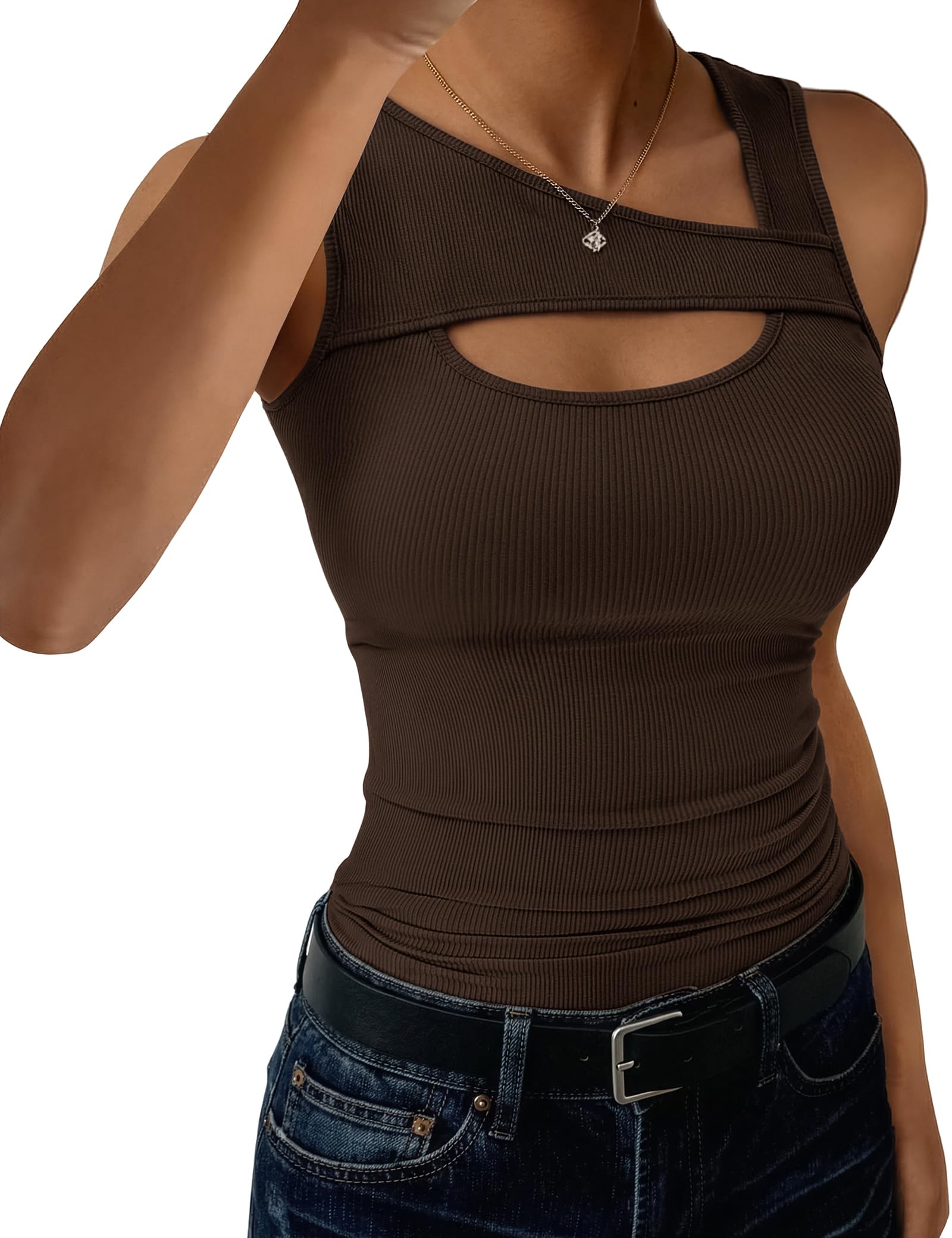 Aottori Tank Top Damen Asymmetrischer Ausschnitt Tops Gerippt Sommer Tanktop Slim Fit Sexy Oberteile Cut-Out Stretch Basic Shirt Ärmellos Casual Einfarbig