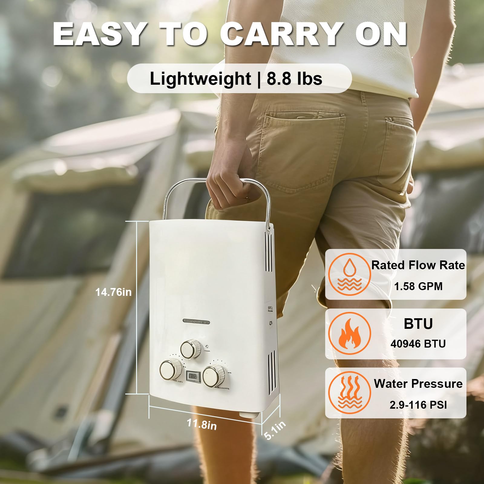 Tragbarer Gas-Warmwasserbereiter, Propan-Durchlauferhitzer, Gas-Durchlauferhitzer Mit Digitalanzeige Und Mehreren Schutzfunktionen, Geeignet Für Wohnmobil, Camping, Außendusche White