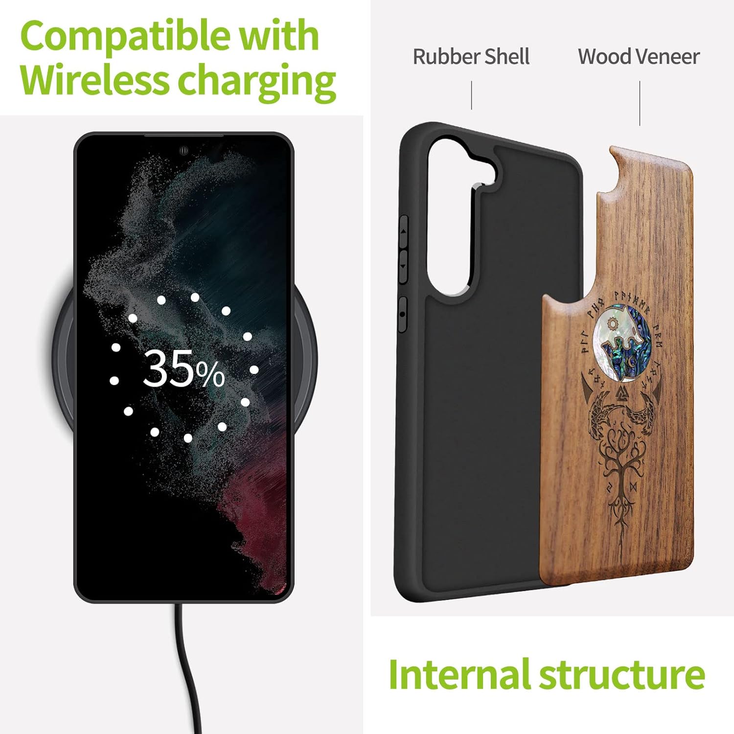 Carveit Designer Wooden Case for Samsung Galaxy S23 Cover [Wood Engraving & Shell Inlay] Unique Wood Phone Case Compatible with Wireless Chargers Galaxy S23 Case (Yin Yang Wolf-Walnut)