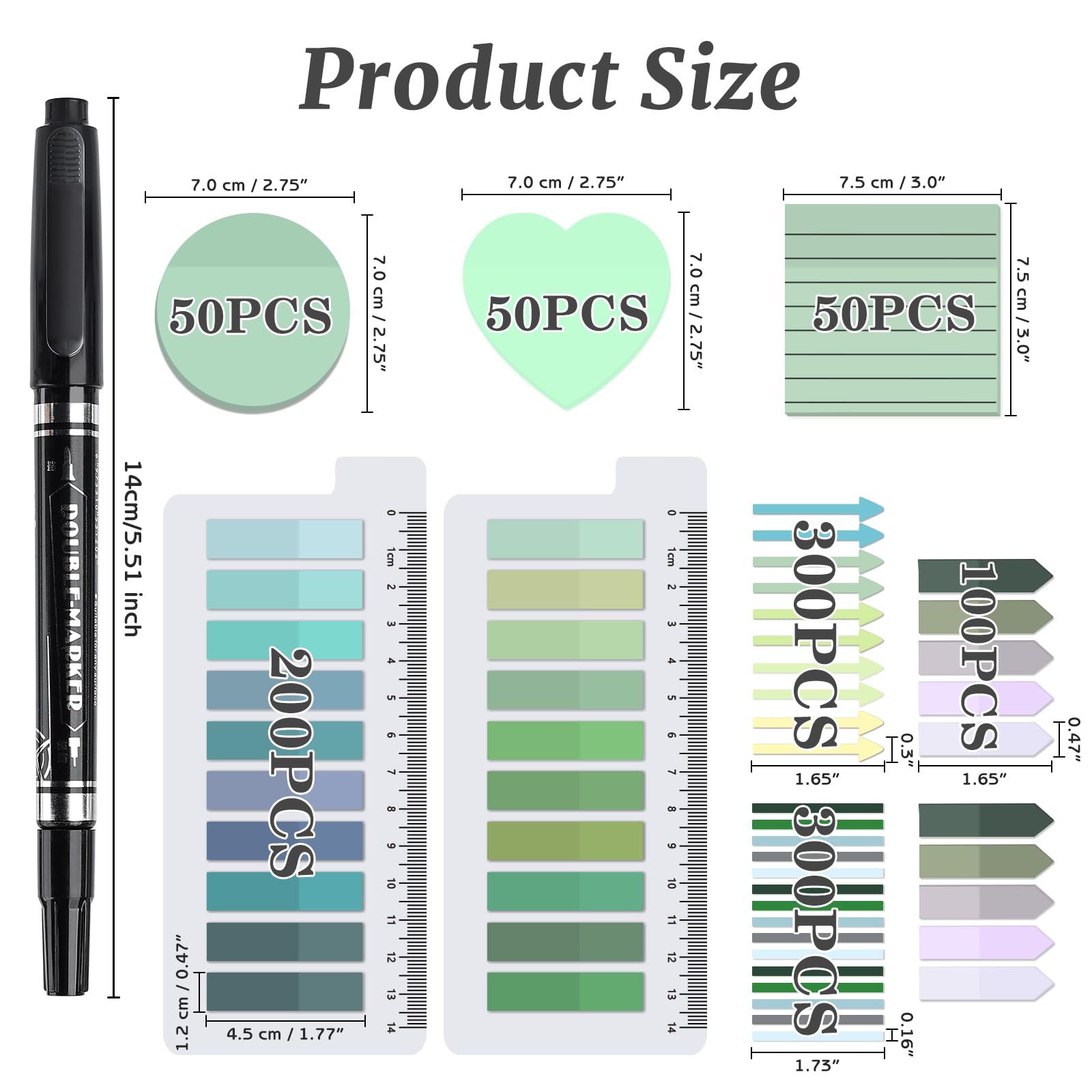 Transparente Haftnotizen, 7,6 x 7,6 cm, ästhetische, klare linierte Haftnotizen mit Stift, Farbverlauf, wasserdicht, selbstklebende Anmerkungsreiter für Bibeljournaling (grün)