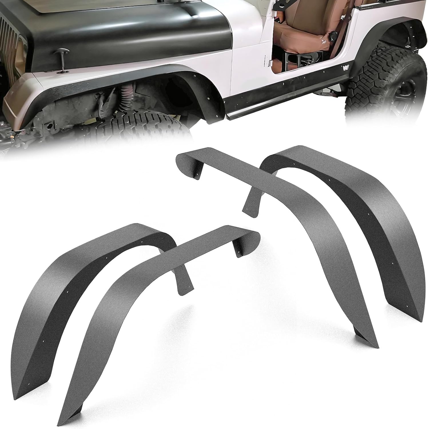 for YJ Off-Road Flat Front and Rear Fender Flares Compatible with 1987 1988 1989 1990 1991 1992 1993 1994 1995 1996 Jeep Wrangler YJ, Heavy Duty Steel Wheel Fender Mud Guard Kit (4 PCS, Black)