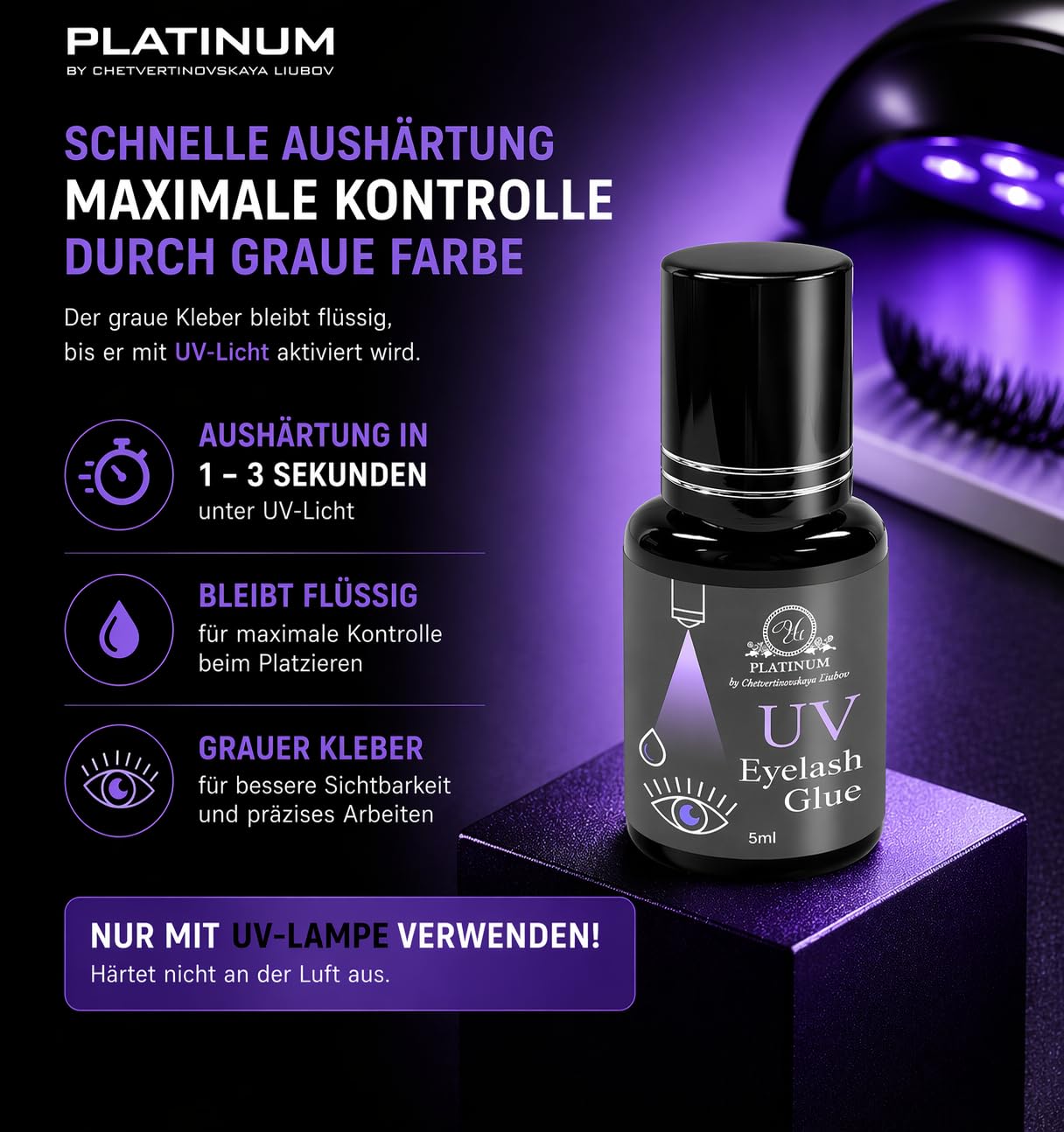 UV Wimpernkleber Grey – UV-aktivierter Wimpernkleber, Funktioniert nur unter UV-Licht – 1–3 Sek., 5 ml