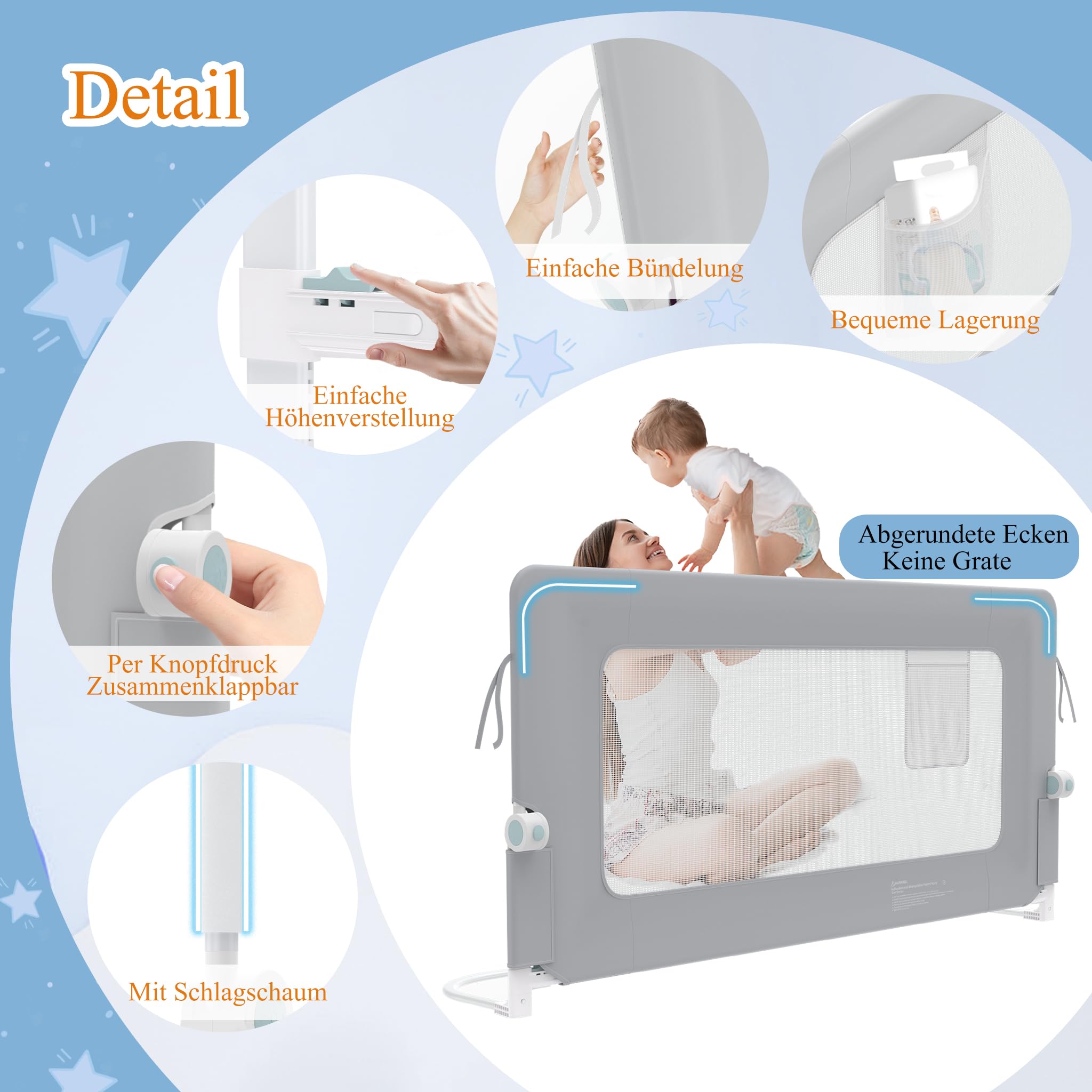 HENGMEI Barrera de protección contra caídas para cama de 200 cm, plegable, 180 grados, malla aireada, altura ajustable, rejilla de protección para cama (gris)