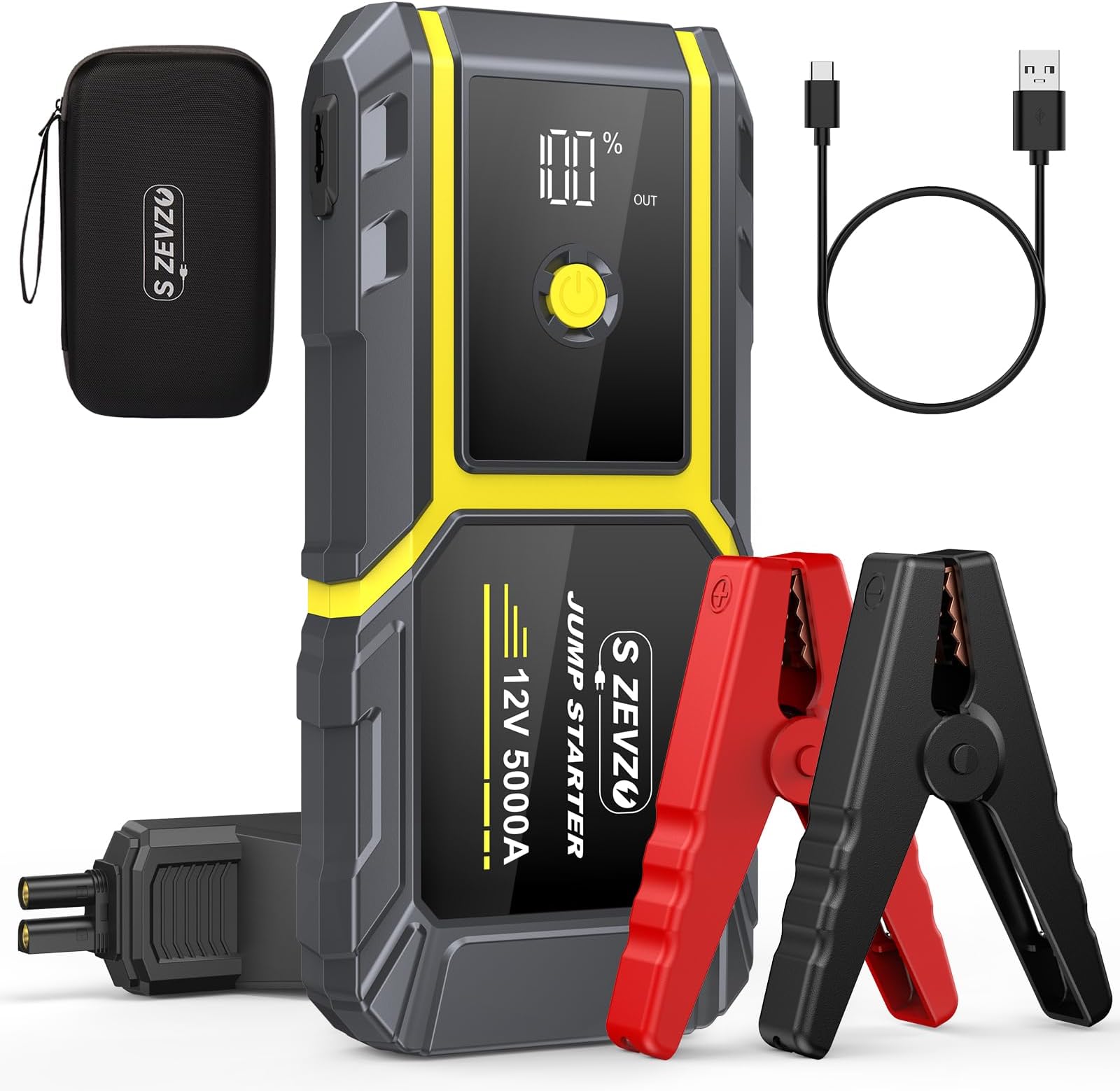 - S ZEVZO H021 Car Jump Starter, Peak 5000A Jump Starter Battery Pack for Up to 10.0L Gas and 8.0L Diesel Engines, 12V Portable Jump Box with LCD Display, 3 Modes Flashlight and Protective Carrying Case