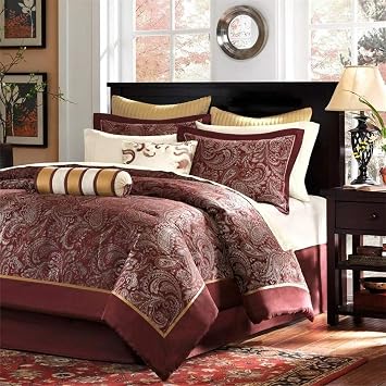 12 Piece Bed in a Bag Luxury Textured Polyester Jacquard Comforter Set Cal King Size with Two Decorative Pillows, Two Euro Shams, Ivory Sheets Set & Bedskirt | Glam Rich Shades Gold Red Comforter Set