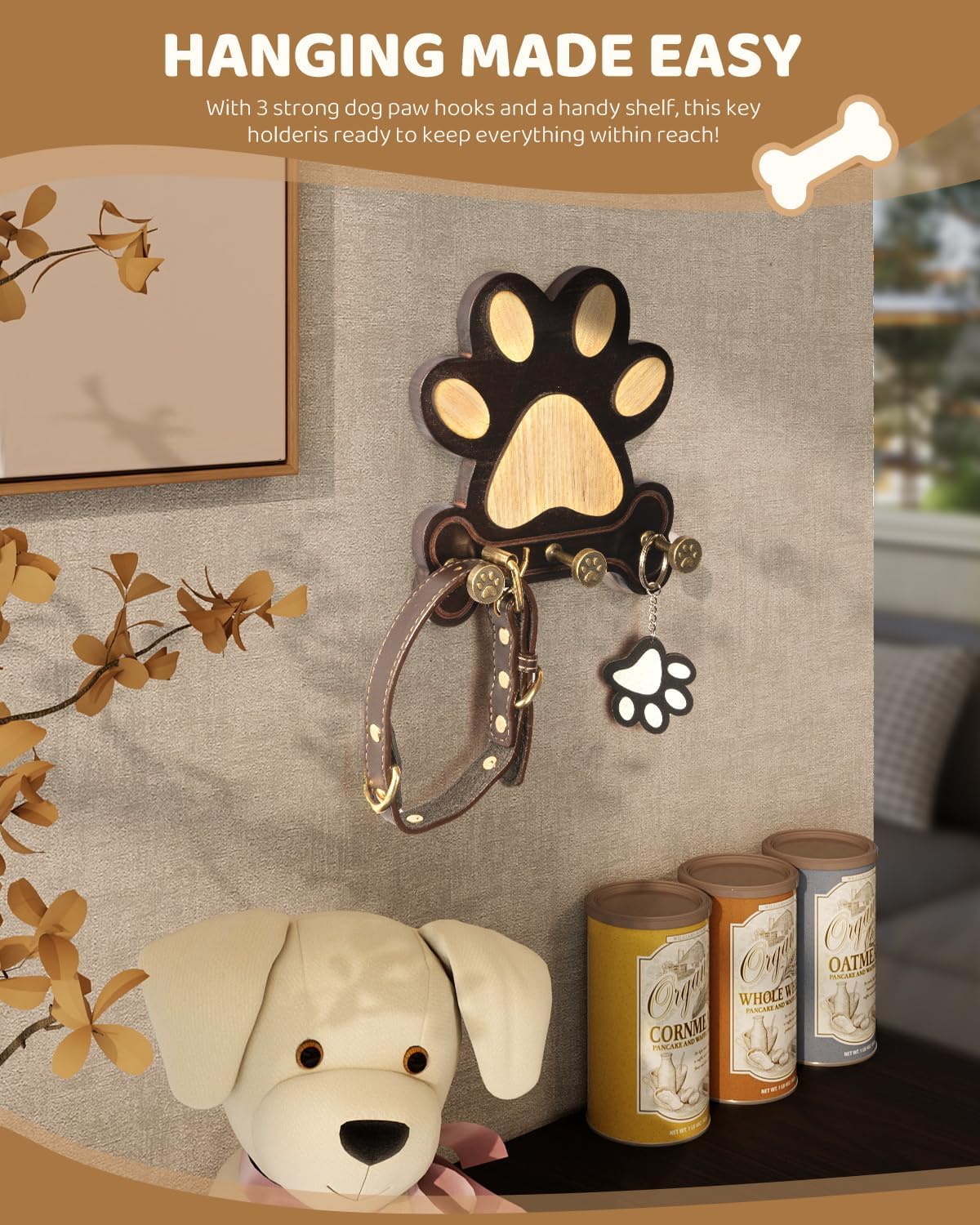 MTERSN Pine Wood Dog Leash Holder for Wall – Adorable Dog Leash Hanger, Key Holder, Coat Rack, and Sunglass Organizer – Rustic Farmhouse Wall Decor for Entryway, Bedroom, or Living Room (Dark Brown)