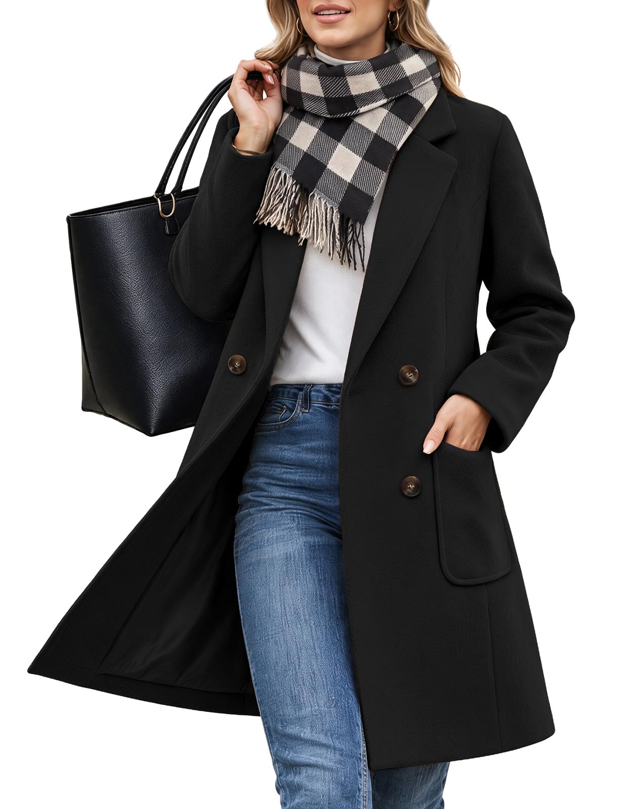 CMTOP Mantel Damen Wintermantel Lang Zweireiher V-Ausschnitt Revers Jacke | 90% Polyester 10% Viskose, Elegante Passform, knitterfest strapazierfähig, Saumschlitz, Stecktaschen, vielseitig kombinierbar
