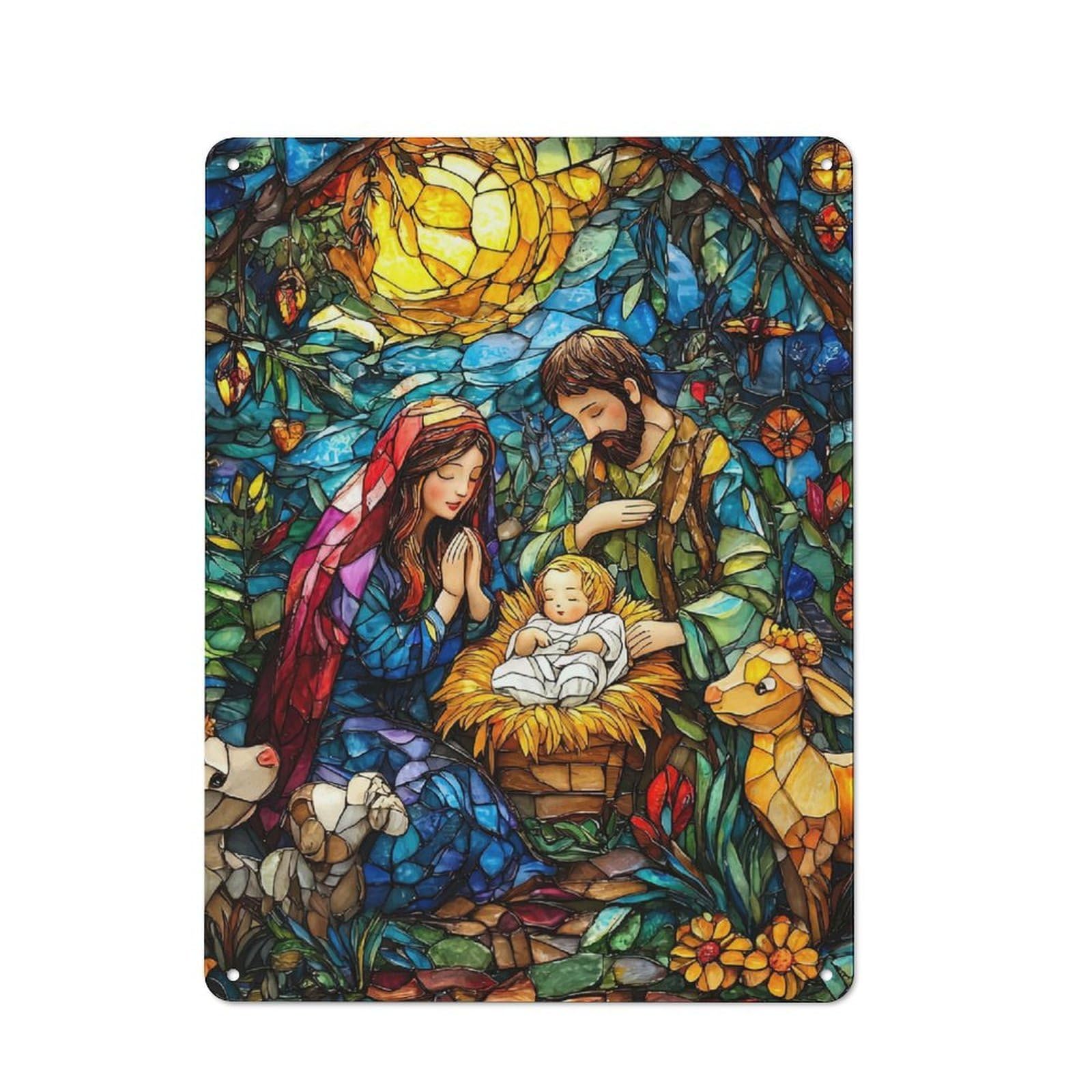 Junmoney Nativity Scene Stained Gla Vintage Metal Plaque 40X30cm For Living Room Or Hallway, A Christmas Gift For People Styling Living Room And Hallway