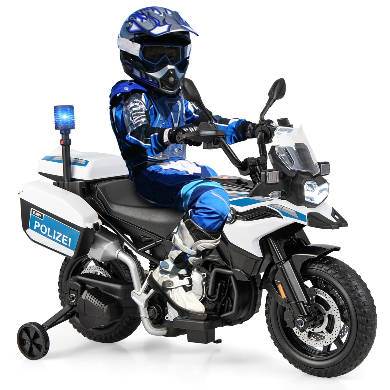 FANTASK 12V BMW Kinder Elektromotorrad Polizei mit Musik und Polizeilicht, Kindermotorrad mit 2 Stützrädern, 3-6 km/h, geeignet für Kinder ab 3 Jahre alt,110L x 63B x 82,5H cm