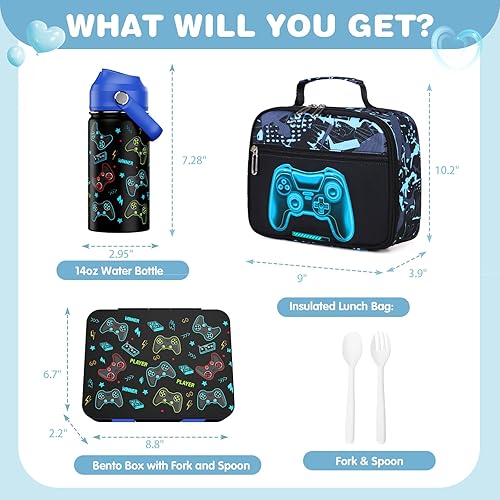 Miniatura 2 de Bevalsa Lonchera Bento para niños con 6 compartimentos, botella de agua de metal de acero inoxidable, bolsa aislada y utensilios, contenedor de