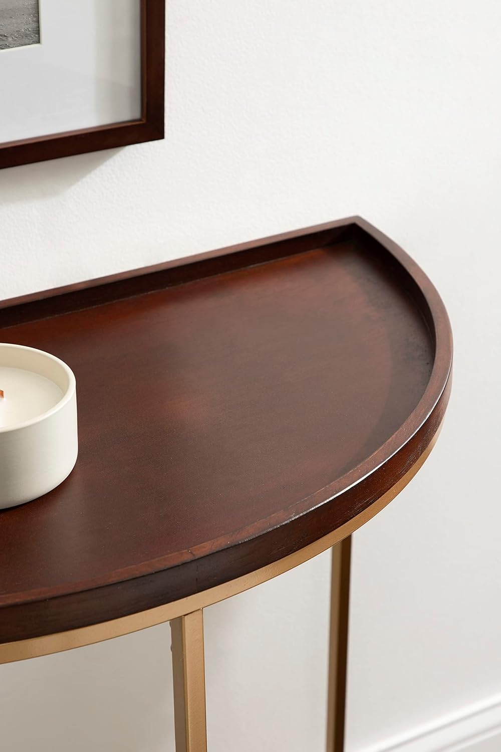 Walnut Brown and Gold Half-Circle Console Table with Storage