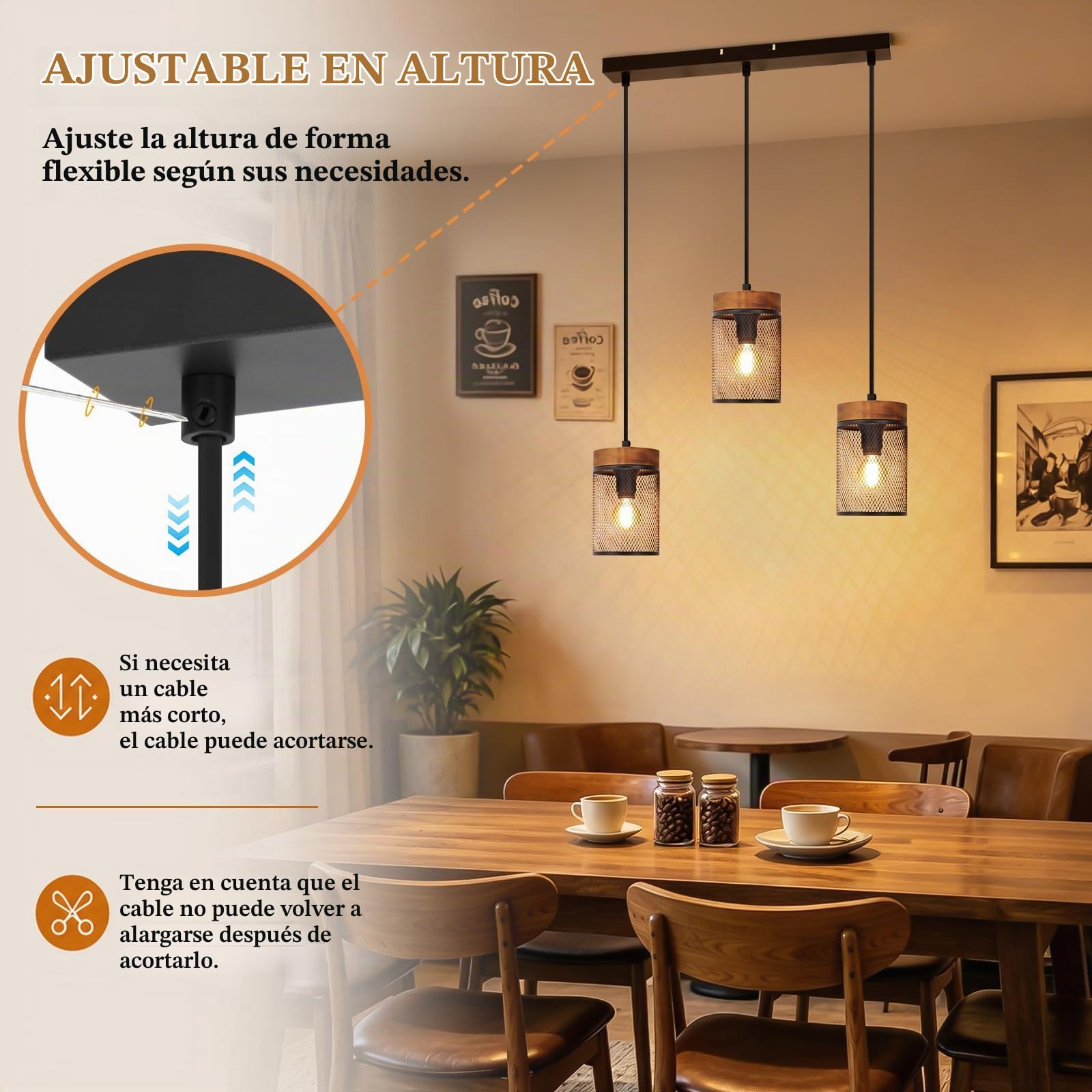 ZMH Lámpara colgante de comedor de madera negra lámpara colgante vintage | de 3 bombillas E14, estilo industrial, lámpara de comedor, lámpara colgante retro para salón - bombillas no incluidas