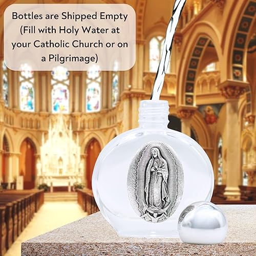 Miniatura 6 de Paquete de 2 botellas de agua Santa María de Guadalupe para viajes católicos (2 onzas), fabricada en Italia, vidrio, metal oxidado plateado