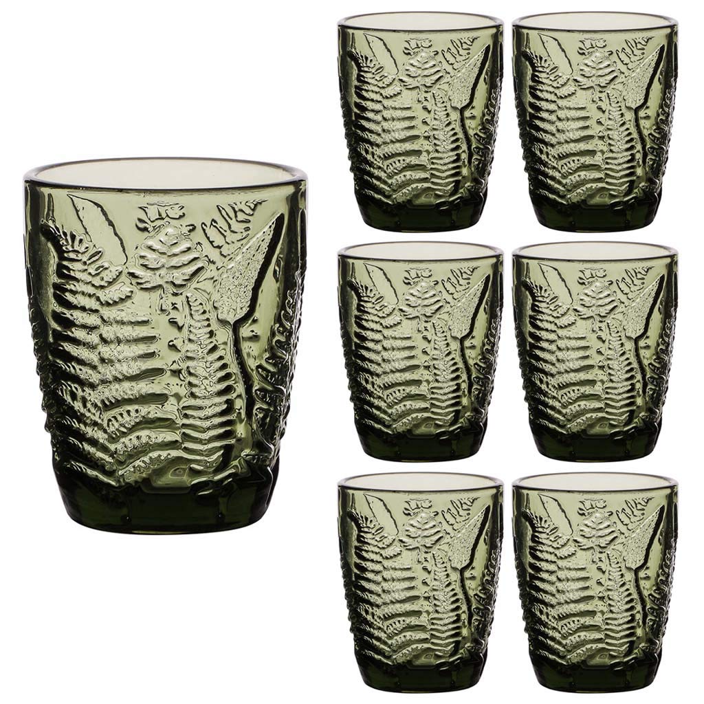 Dibor Set of 6 Embossed Green Fern 280ml Tumbler Drinking Glasses