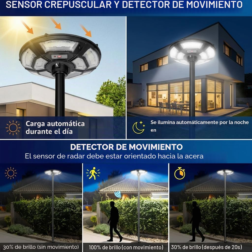 Farol solar de calle exterior, lámpara solar para jardín con pie y poste de luz, 750 LED, sensor de movimiento, 6500 K, para jardín, patio, camino, terraza, altura de 200 cm