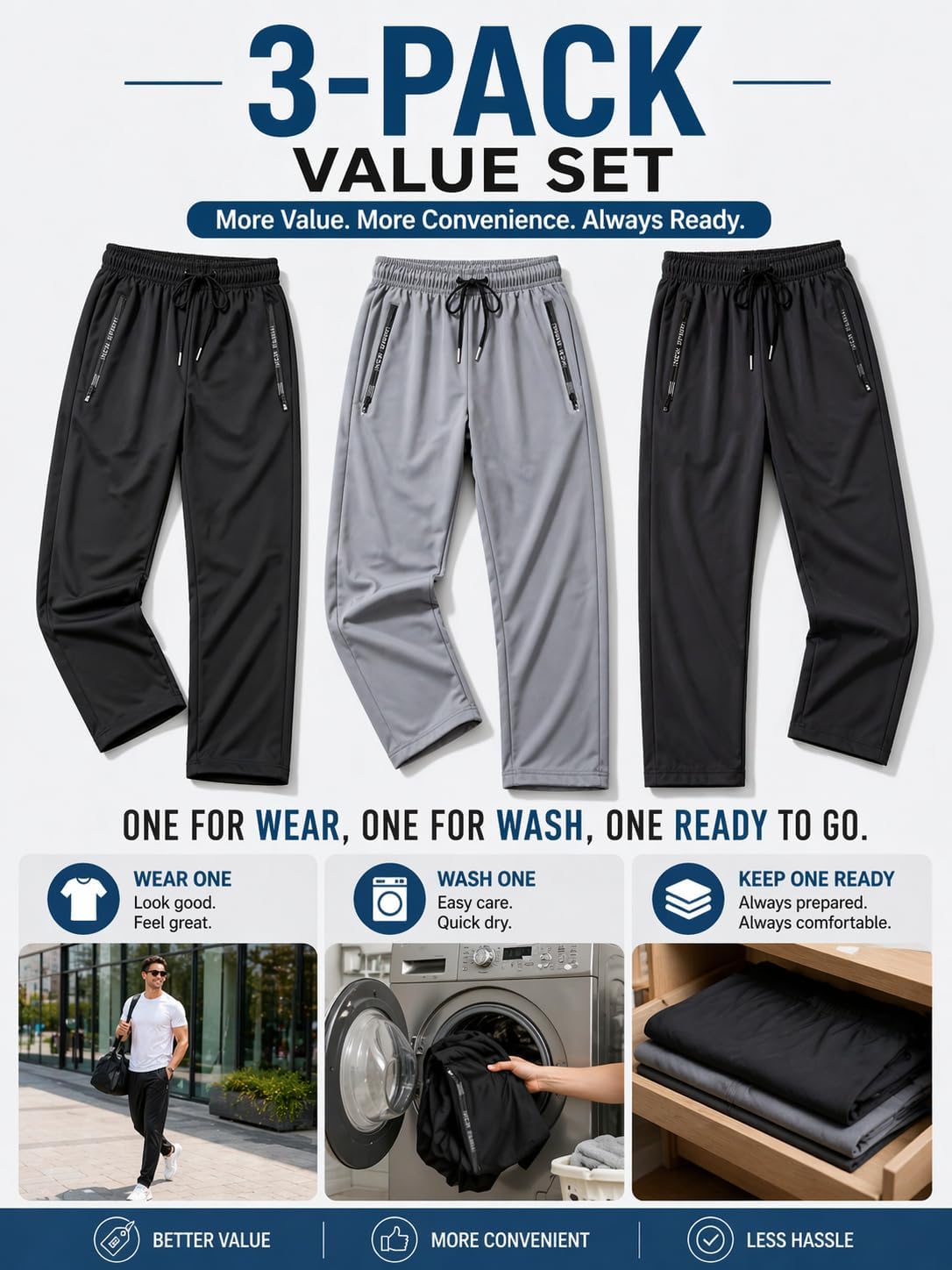 1, 2 or 3 Pack Men's Lightweight Quick Dry Workout Running Gym Sweatpants Stretch Joggers Hiking Pants 2 Zip-Pockets