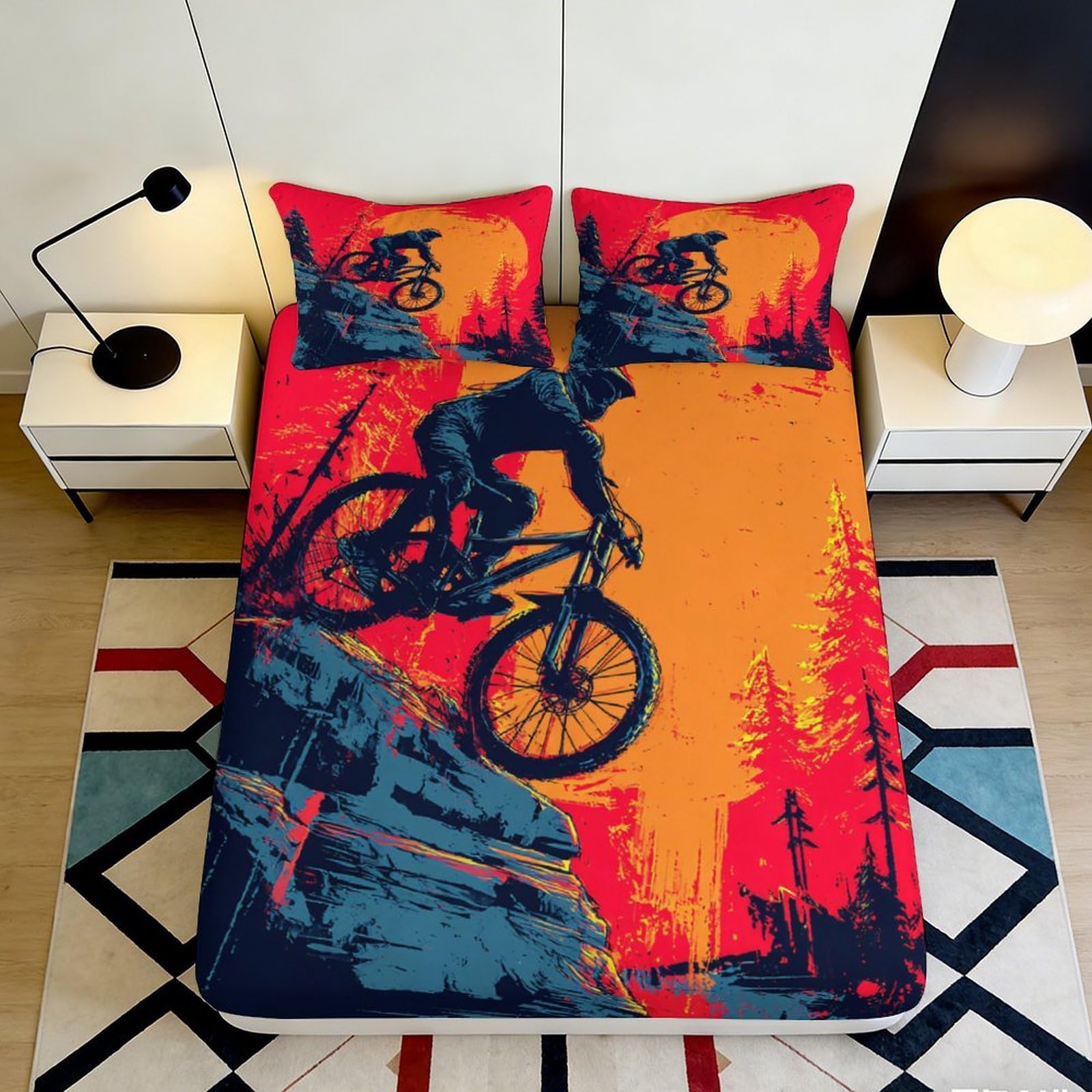 3D Printed Mountain Biking Fitted Sheet Microfiber Orange Forest Bed Cover for Bedroom Guest Room Decor Protection 90x200x25cm