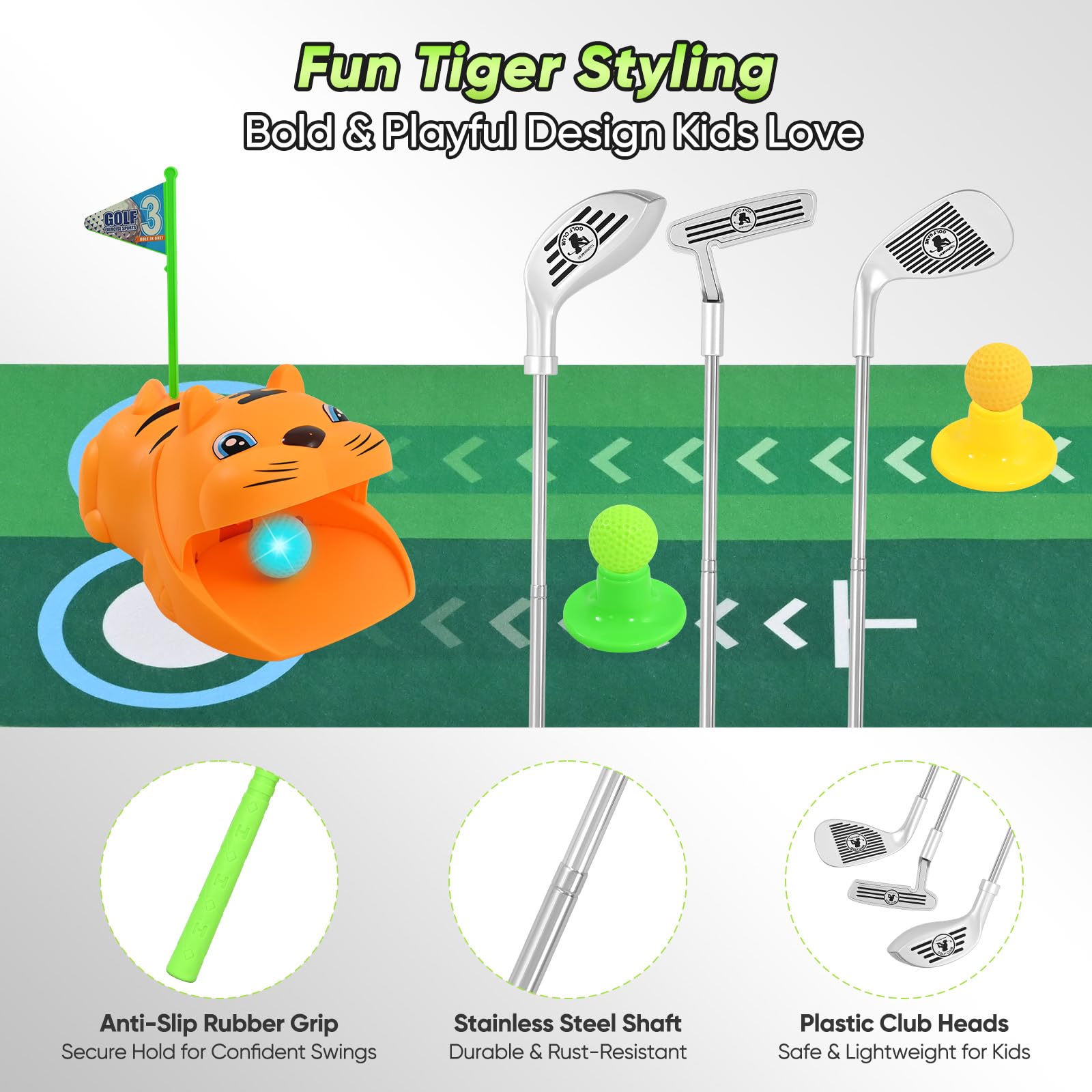 Coffret de Golf pour Enfants avec retourneur de balles Automatique et balles Lumineuses à LED | 18 pièces, Cadeau pour garçons et Filles de 3 à 8 Ans | Comprend des Clubs rétractables