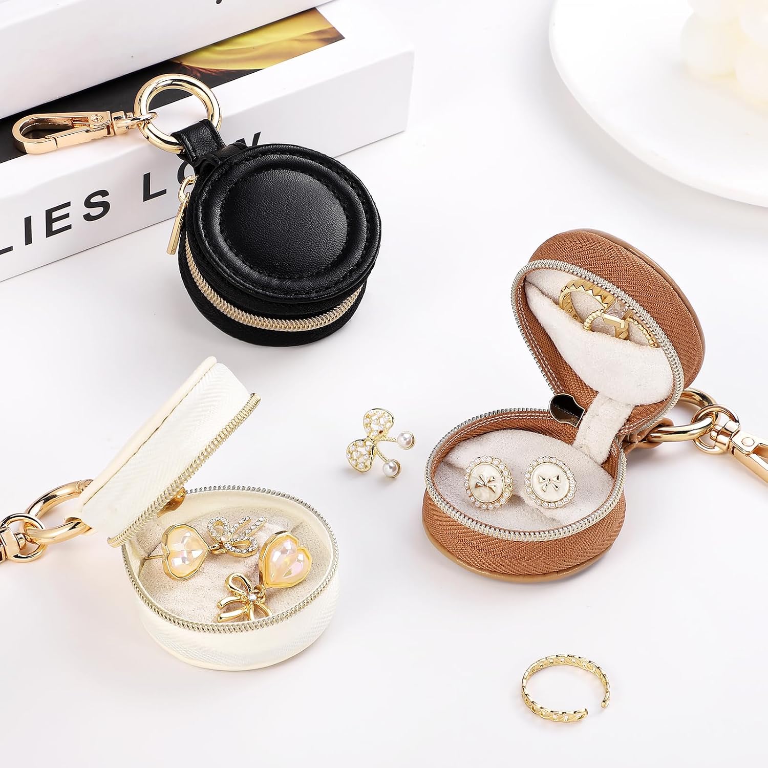 2 Pcs Portable Jewelry Ring Holder Boxs with Keychain, Small Jewelry Travel Sports Ring Keeper Case Earring Stud Necklace Storage Organizer Case (White+Khaki)