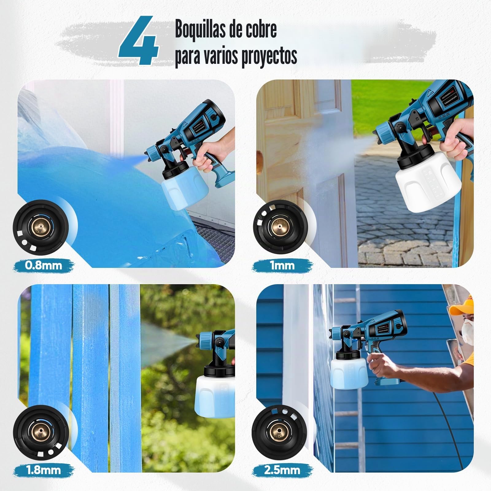 Pistola de Pintura,800W HVLP Pulverizador de Pintura Eléctrico con Recipiente de 1400ml, Flujo Máximo de 1000ml/min,5 Boquillas para la Pulverización y Limpieza del Bricolaje(Azul)