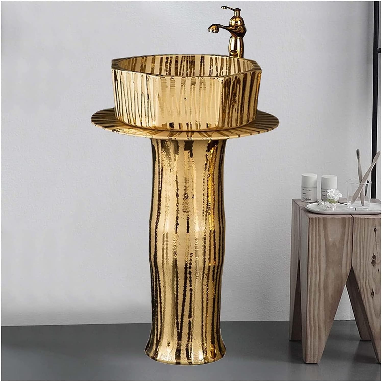 Freestanding Pedestal Sink Hotel Art Basin, Bathroom 16 Inches Basin Sink, Scratch and Stain Resistant, Home Floor-Standing Ceramic Wash