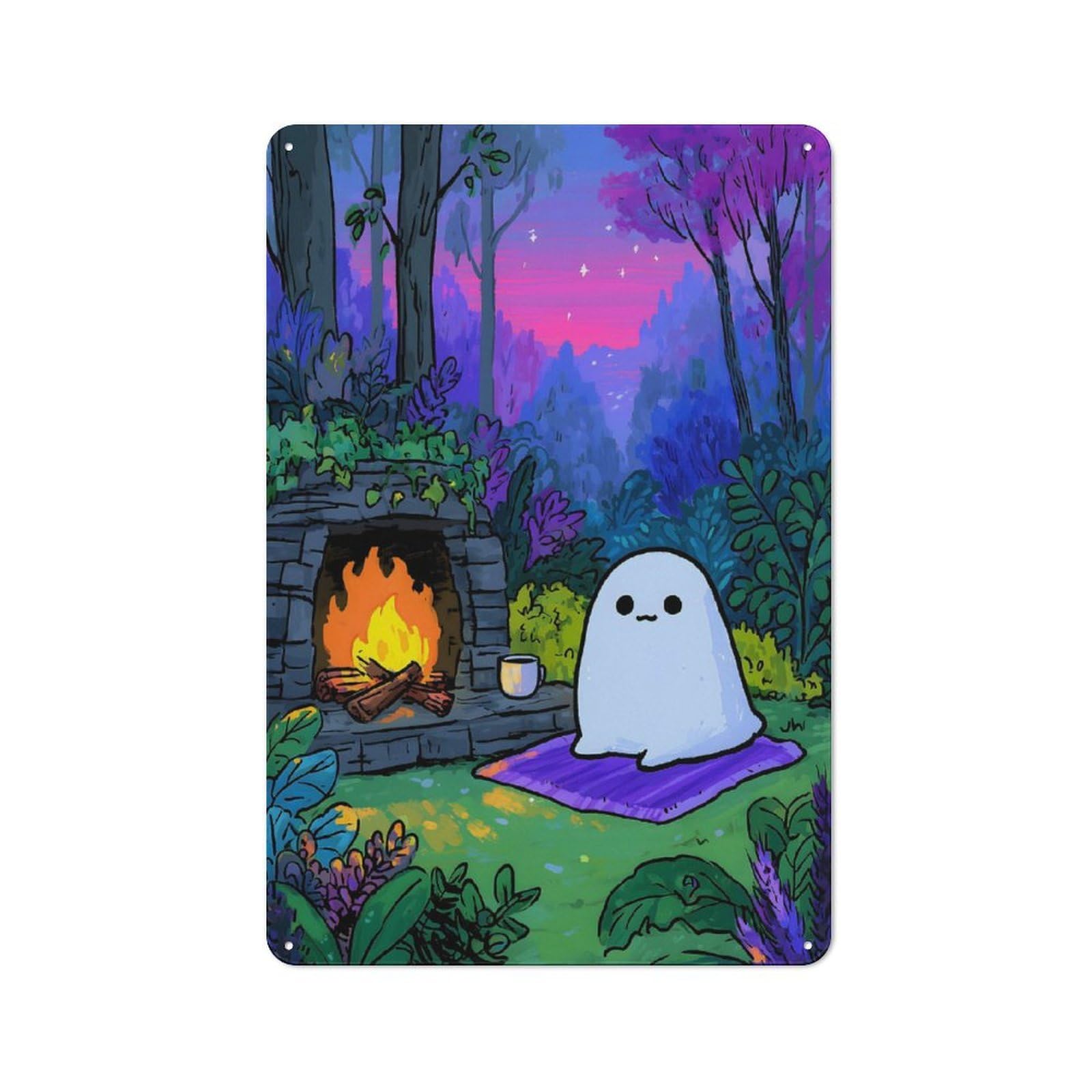 Junmoney Cozy Ghost By The Fireplace For Studio Or Craft Room, Retro-Style Tin Sign 30X20cm, For Metal Sign Collectors, For Garage And Workshop Walls