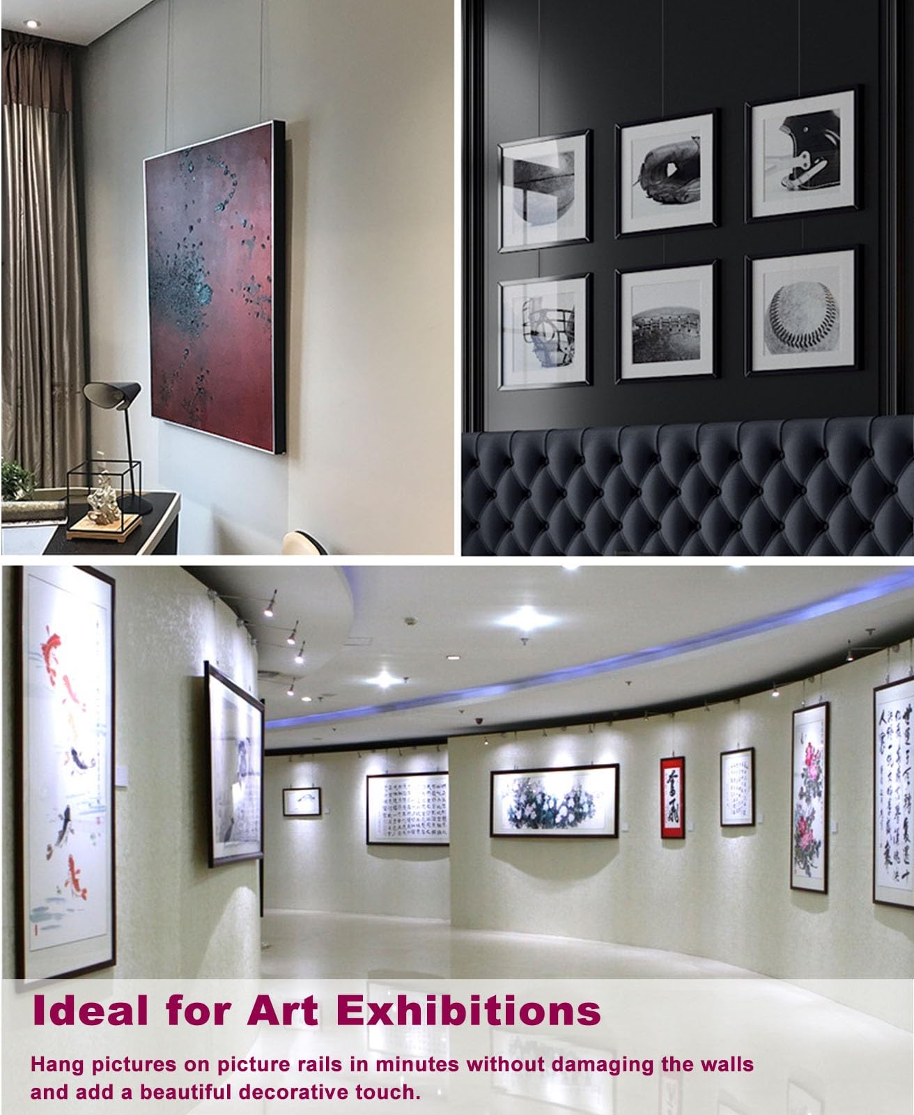 Attaccaglie per Quadri Sistema Professionale di Binari per Galleria D'arte | Binario in Alluminio da 1 m e 1,5 m(Wall Mount,1.5m rail+2.5m Wire)