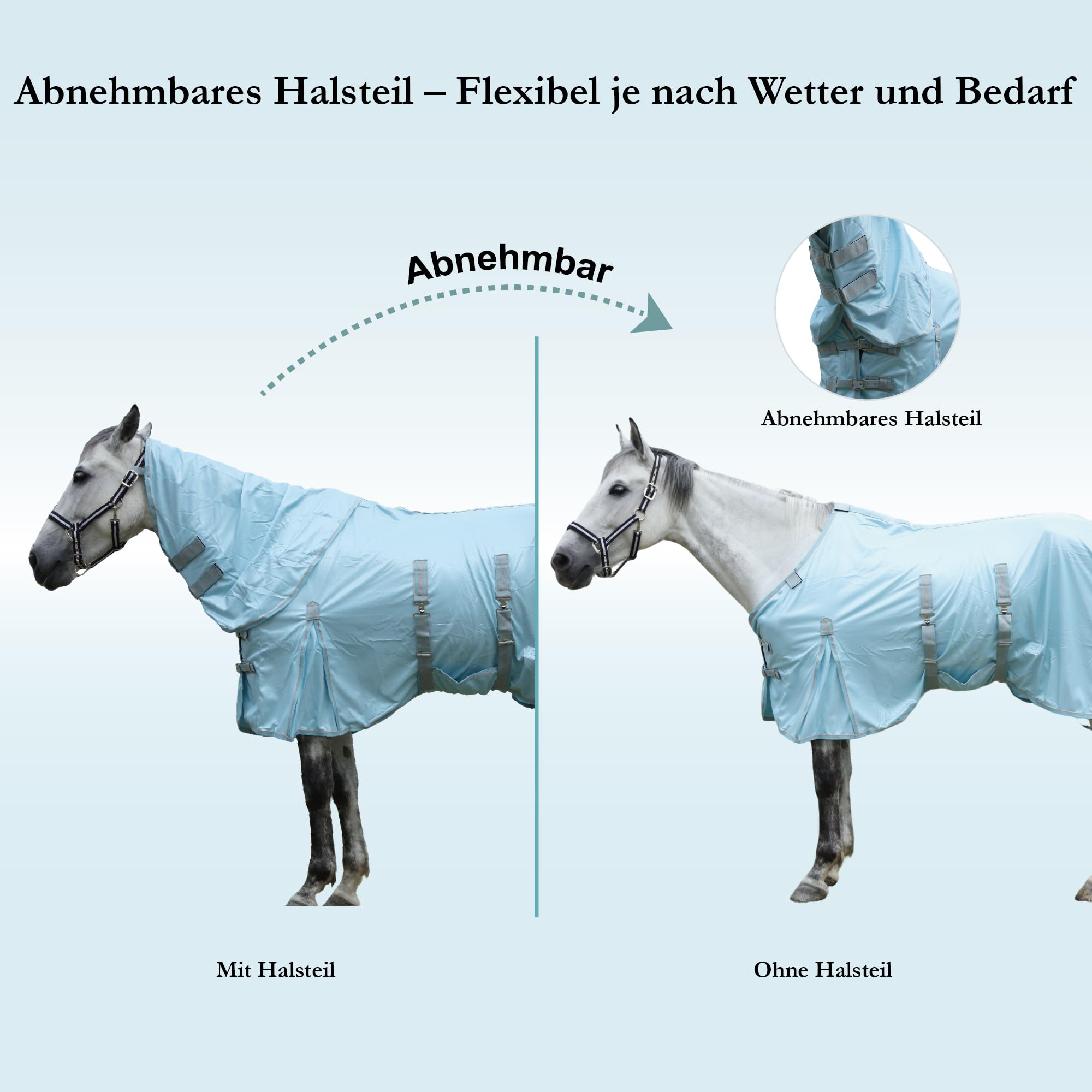 Manta antimoscas para caballos con parte del cuello, transpirable, ligera y resistente al desgarro, color azul, 155 cm