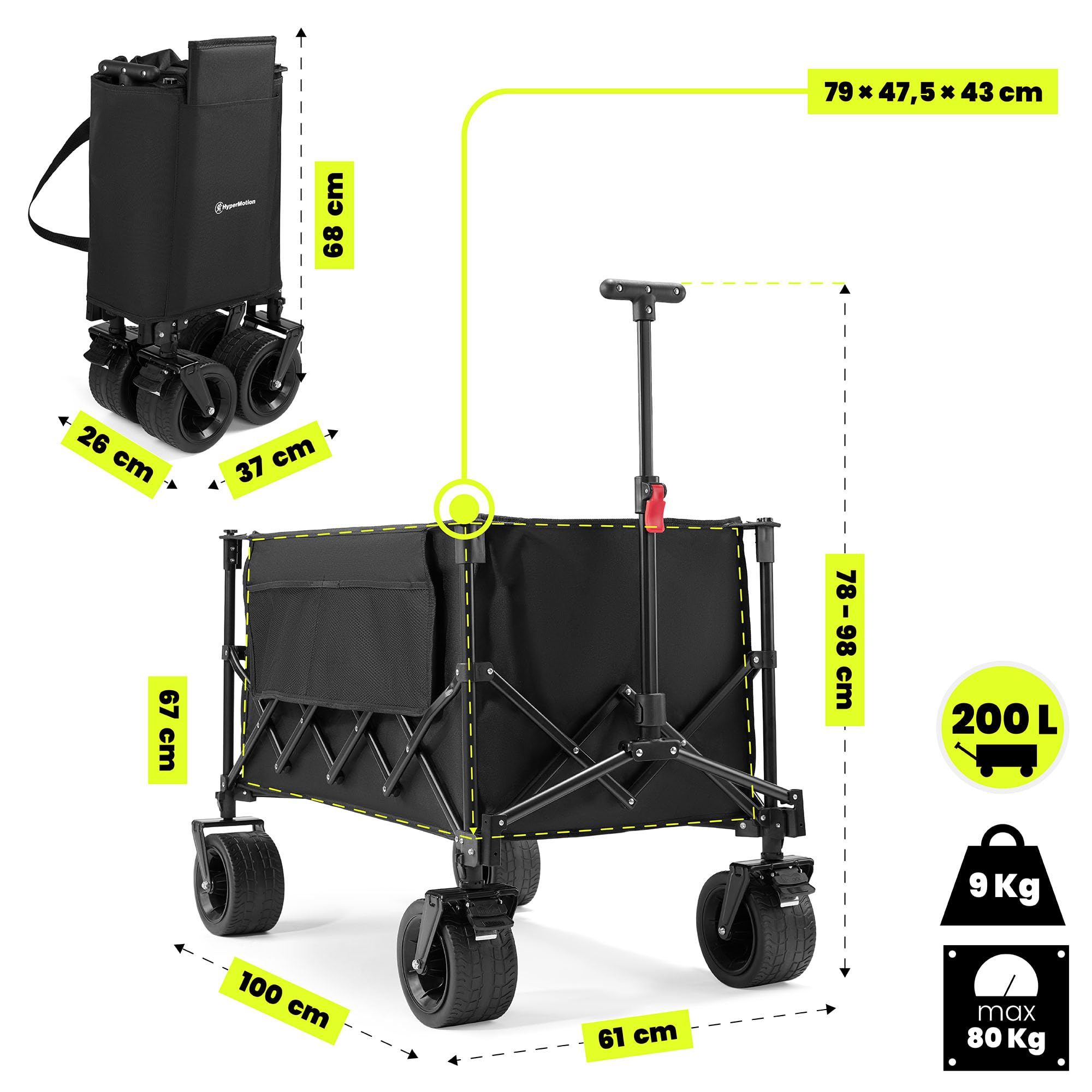 HyperMotion Składany Wózek Transportowy Turystyczny XL 200L Czarny Przyczepka Ogrodowa na Zakupy Plażę Kemping Duża Ładowność 80 kg Koła Terenowe