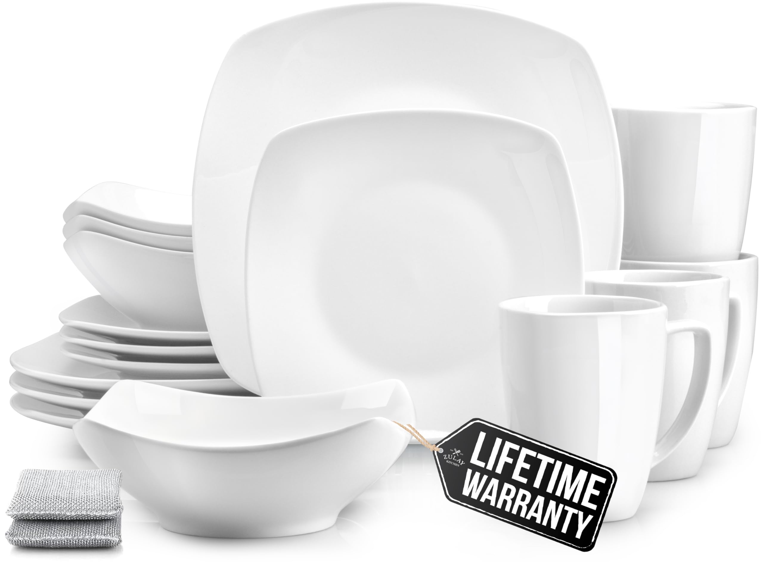 Zulay Kitchen Luna Plates and Bowls Sets, 16 Piece Modern Porcelain Dish Set for 4, Chip and Scratch Resistant Square Dinnerware Set, Microwave and Dishwasher Safe, Pearl White