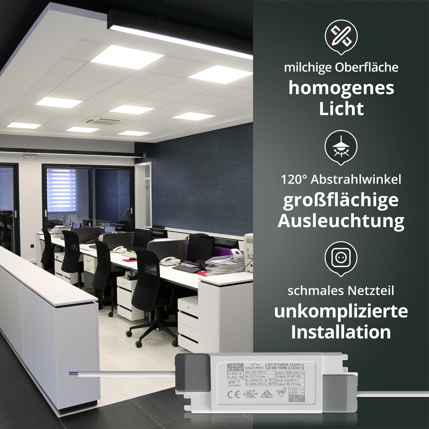 18x LED Panel rahmenlos 62x62cm 40W 3000K warmweiß 4000lm 100 Lumen/Watt flimmerfrei UGR<22 Einbau Rasterleuchte Einlegeleuchte Deckenleuchte Odenwalddecke OWA 620x620x32mm