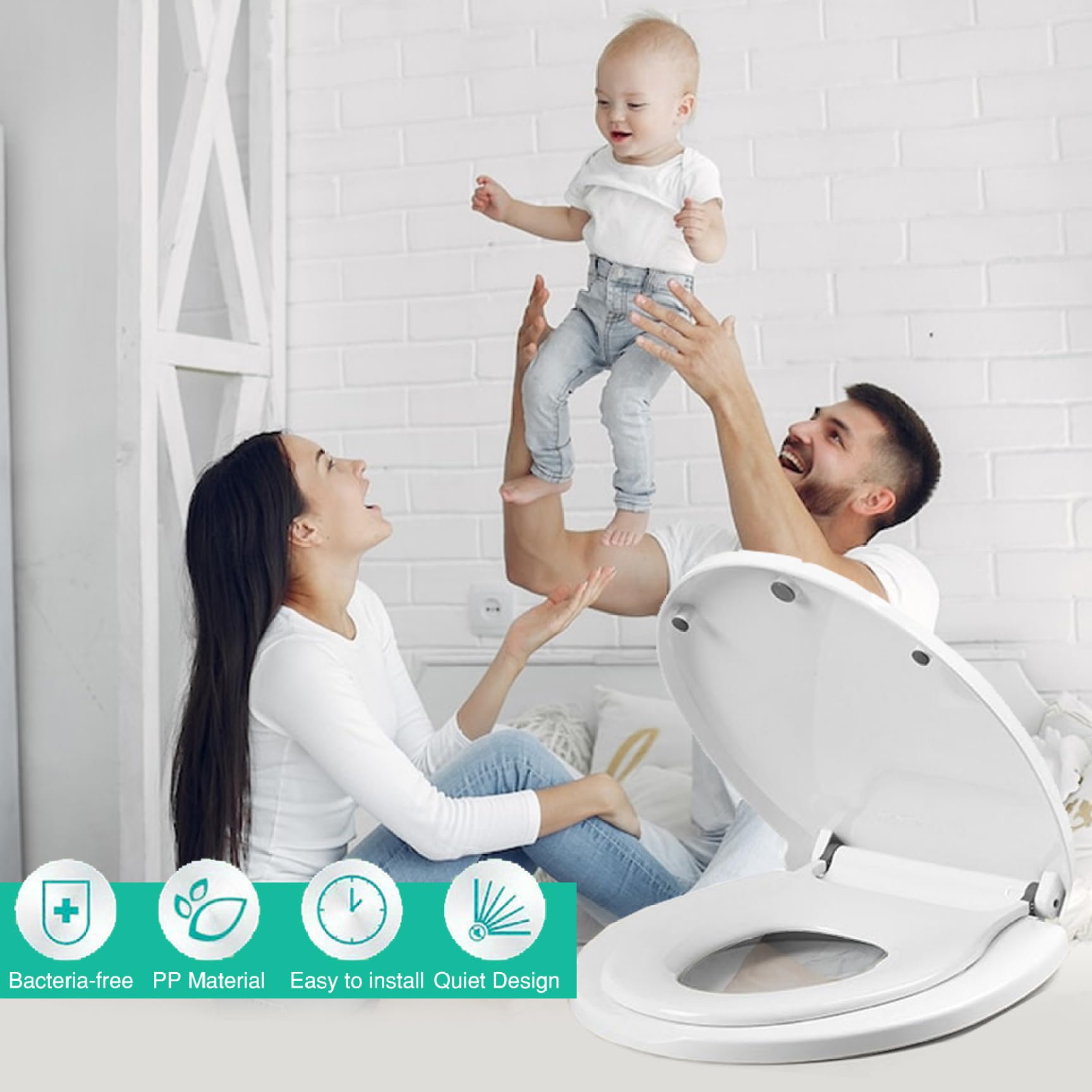 Familien-Toilettensitz, 2-in-1-Toilettensitz mit abnehmbarem integriertem Kinder-V-förmigem Sitz, Absenkautomatik für Kleinkinder und Erwachsene, Kinder