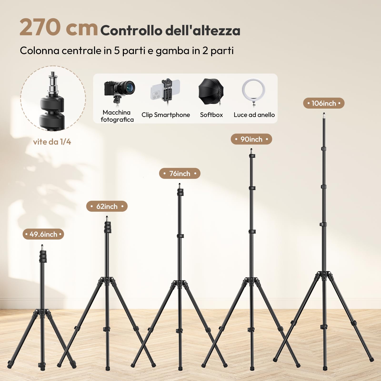 ULANZI T270, Stativo Fotografico in Alluminio da 270cm, Cavalletto per luci fotografiche con pesa 1,27 kg e capacità di carico 6 kg, Treppiede con vite da 1/4" per fotografia in Studio ed Esterna