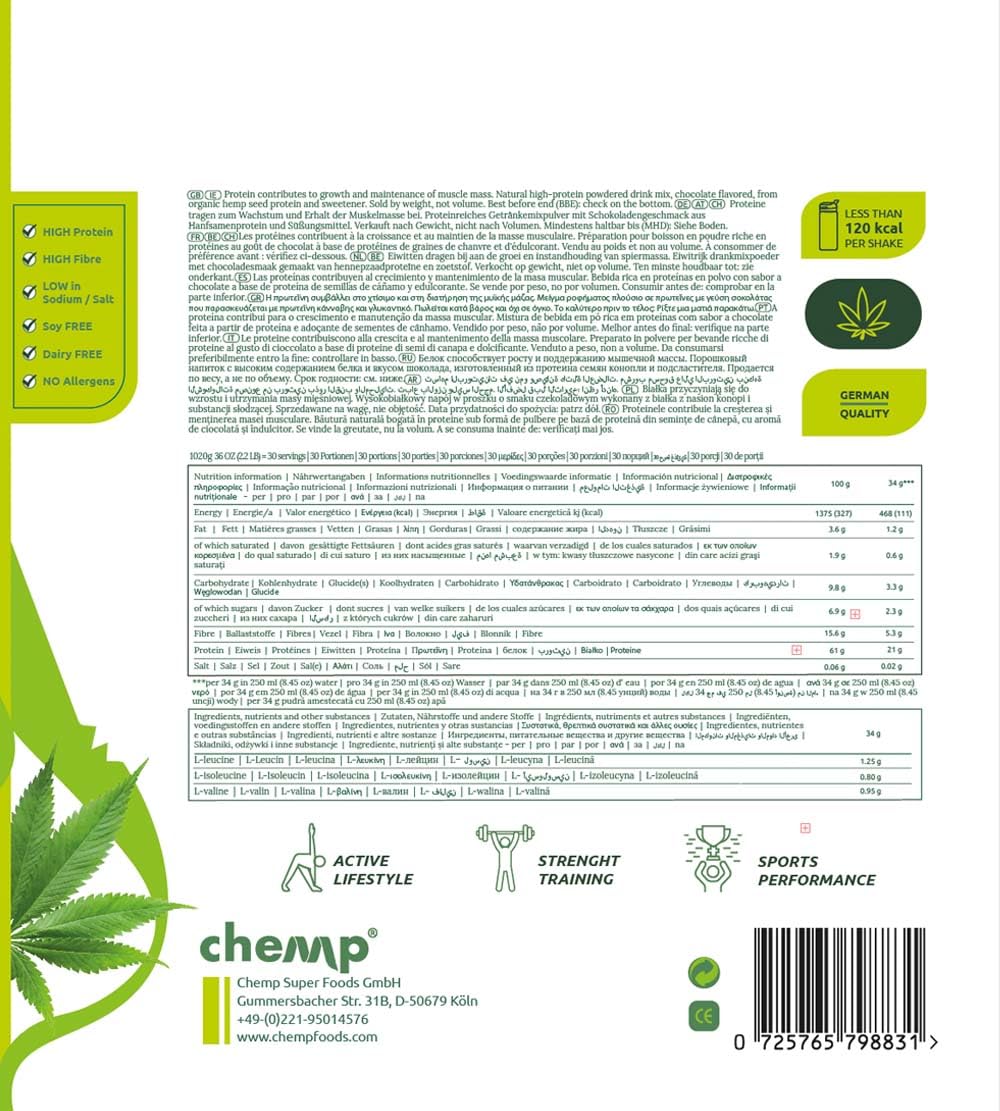 Chemp Pure 100% Hanf Protein Pulver Schokolade - Proteinpulver Vegan - Glutenfrei - Ohne Soja | 30 x Portionen - 1020g - Double Rich Chocolate - Mit Süßungsmittel