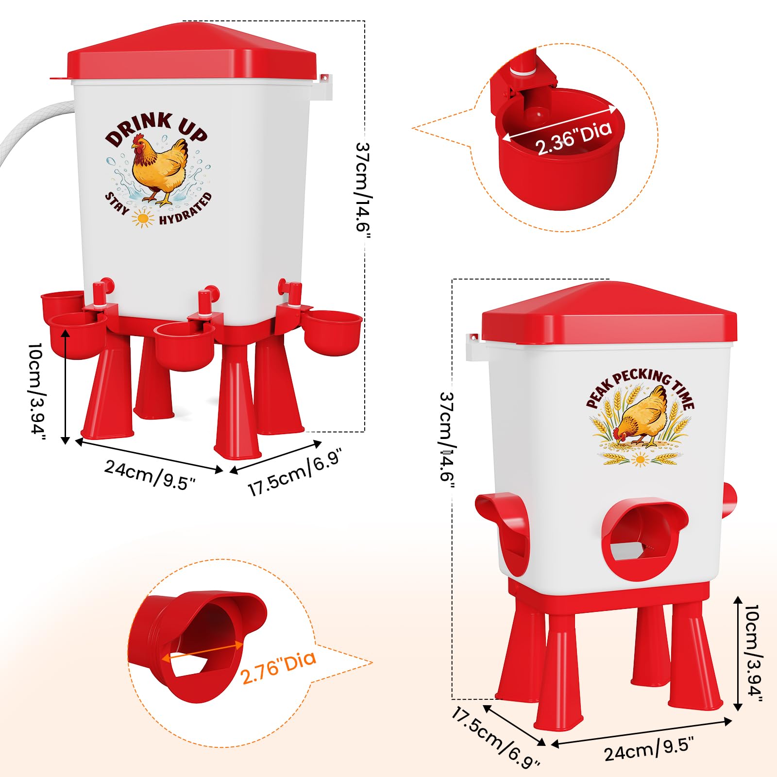 Automatischer Futterautomat Hühner 12KG & Hühnertränke 11.4L mit Schwimmerventil, Geflügeltränke, 4 Näpfe, 3 Anschlüsse, Wassertränke Futterspender Hühner, Zubehör für Stall, Tauben, Wachteln (Rot)