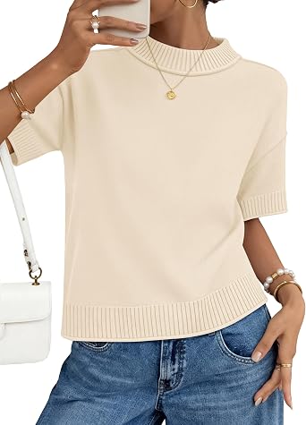 ZESICA Womens Short Sleeve Sweaters 2026 Summer Crewneck Soft Loose Knit Work Blouses Tops Trendy Outfits