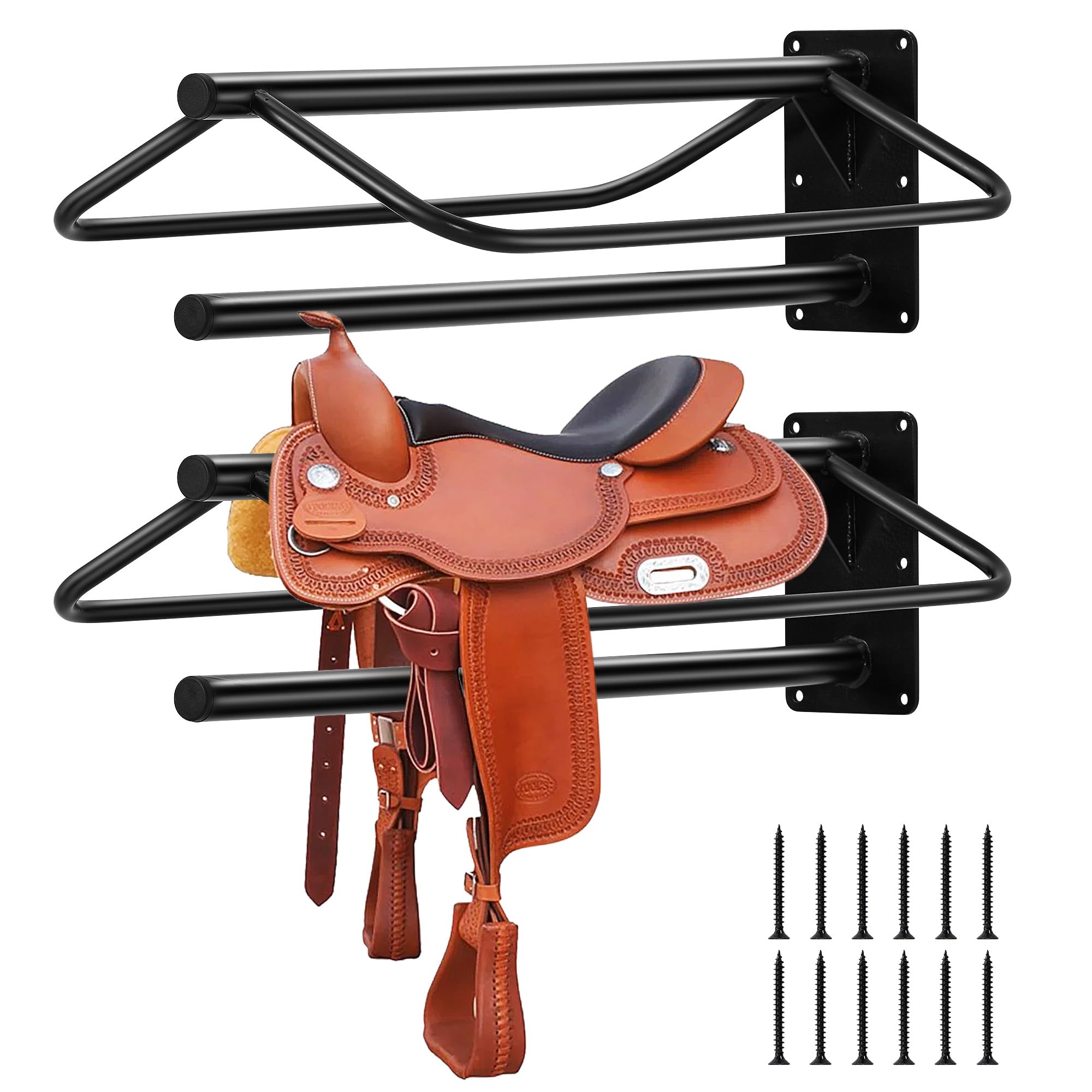 6 Pack Wall Mounted Saddle Rack with Blanket Bar, Heavy Duty Carbon Steel Saddle Stand for Horse Tack Storage, Space Saving Saddle Holder for Tack Room Stable Organisation